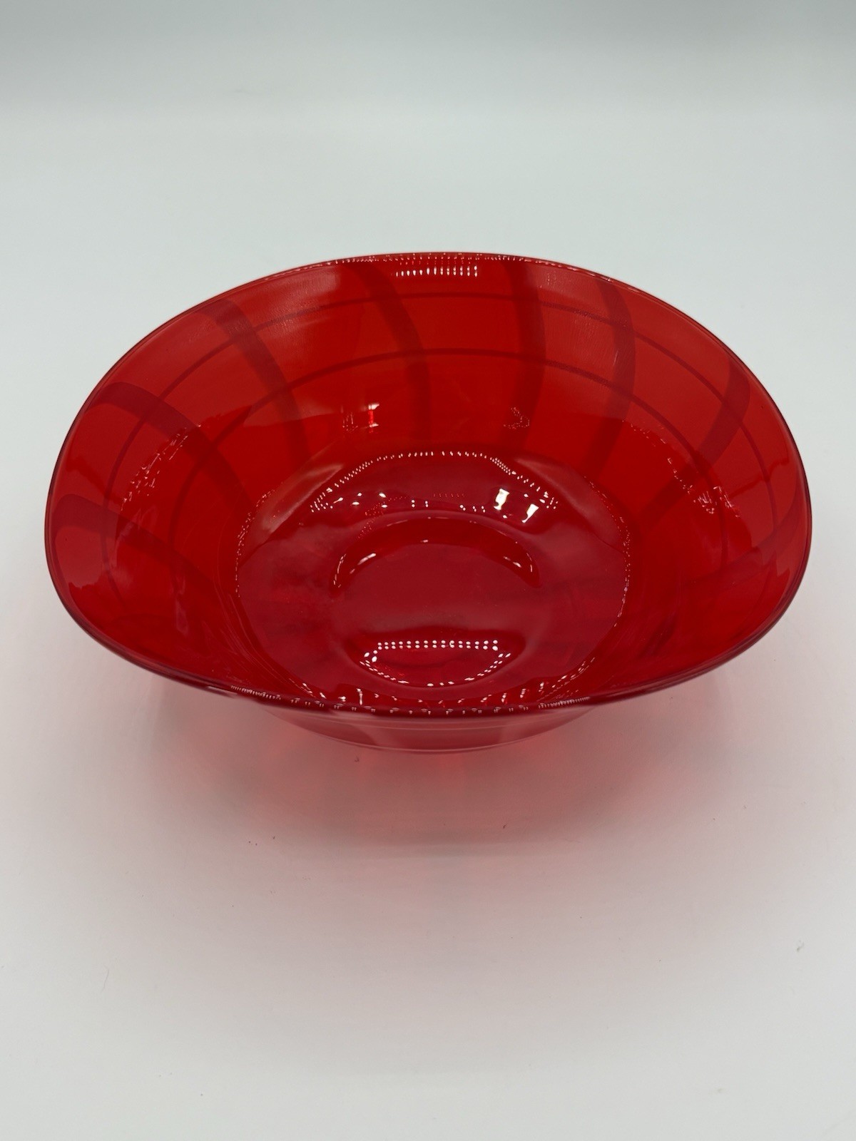Hand Blown Glass Red And White Swirl Candy Bowl Asymmetrical Design Serving Bowl