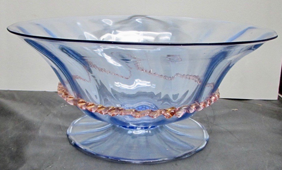 Murano Venetian Blue and Pink Footed Compote Bowl with Pink Rigaree 11 by 5