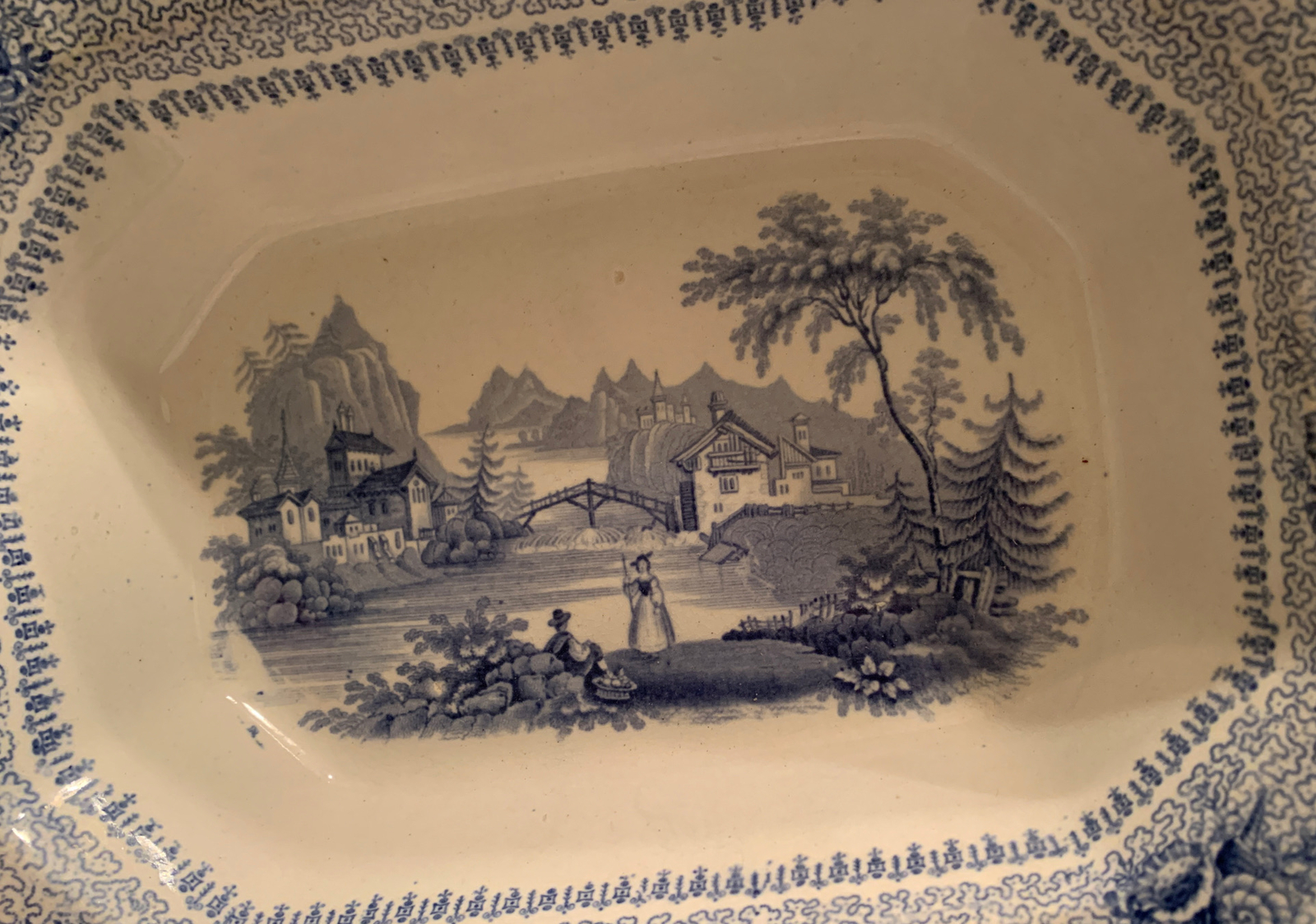 Lucern China Blue & White Lucern Bowl- Outdoor Scene- Man/Women-11 X 9 X 2.