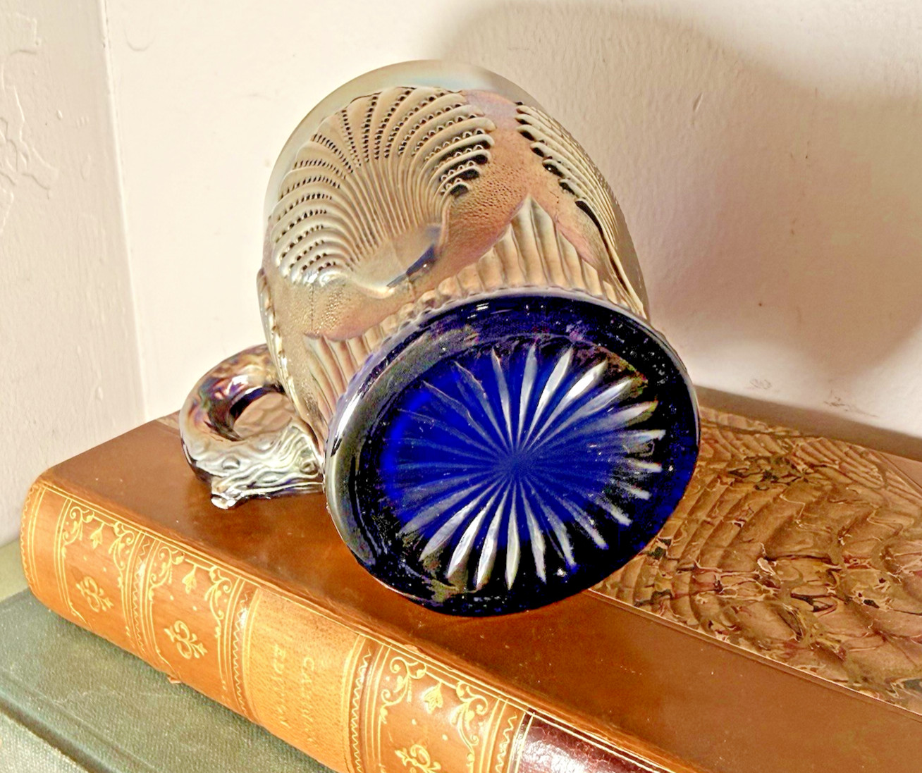 Antique Dugan Beaded Shell Cobalt Blue Carnival Glass Mug Peacock Iridescent