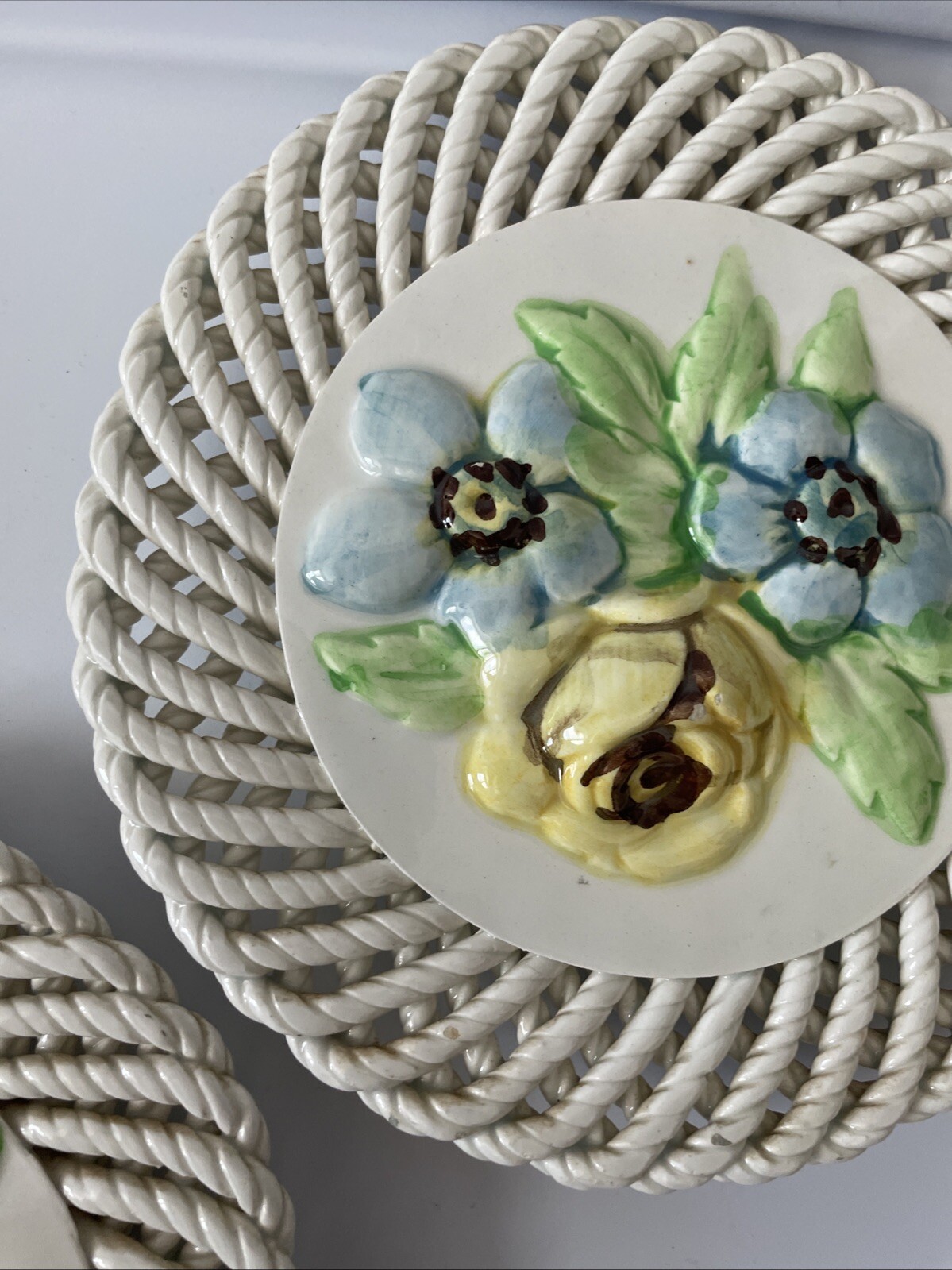 Ceramic Spain Wall Plates Spanish Art 3D Fruit Flowers Lattice Painted Set of 3