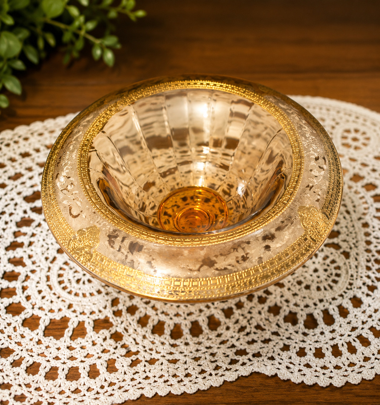 Vintage Amber Glass Pedestal Compote with Rolled Gold Decorative Rim