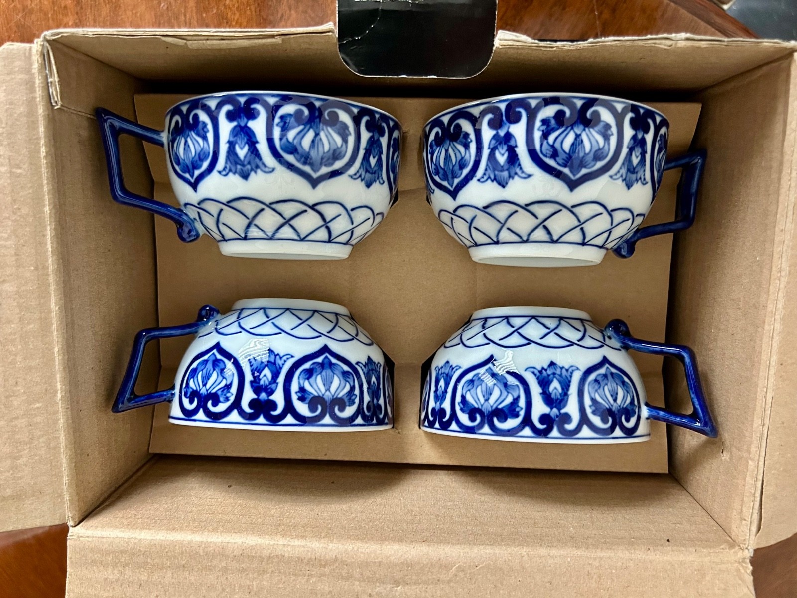 4 Bombay Adelaide,Tea Cup & Saucer Set (Cobalt Blue Greek Key,Flowers & Scrolls)