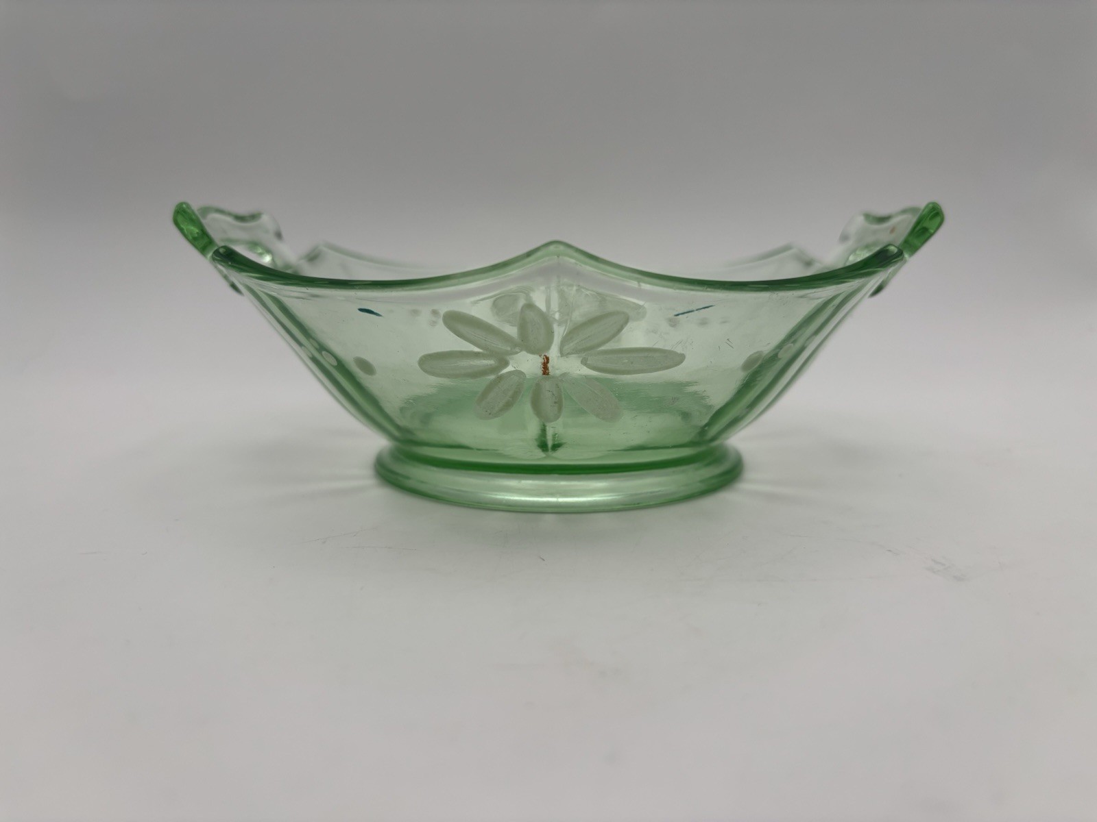 Art Deco Vintage Elegant Uranium Glass Hexagon Handled Bowl Hand painted 6”