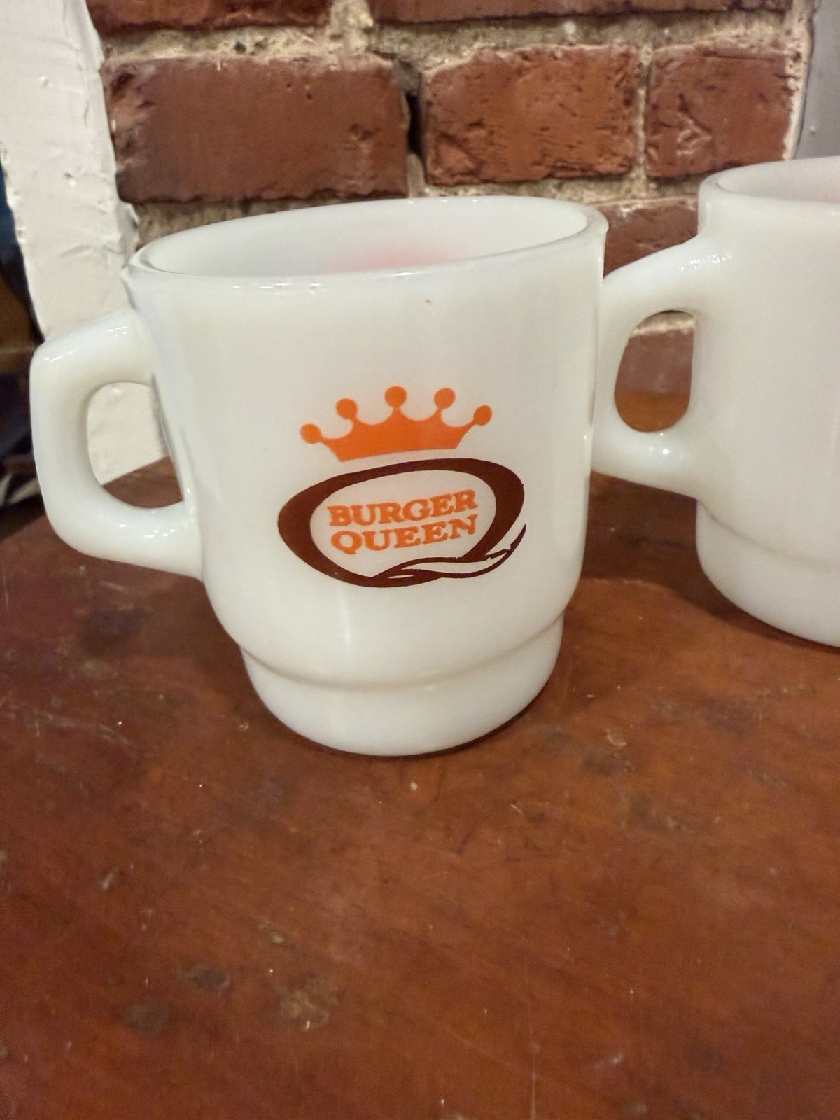 Lot of 2 Vtg Fire King Burger Queen Good Morning Milk Glass Stacking Mugs HTF