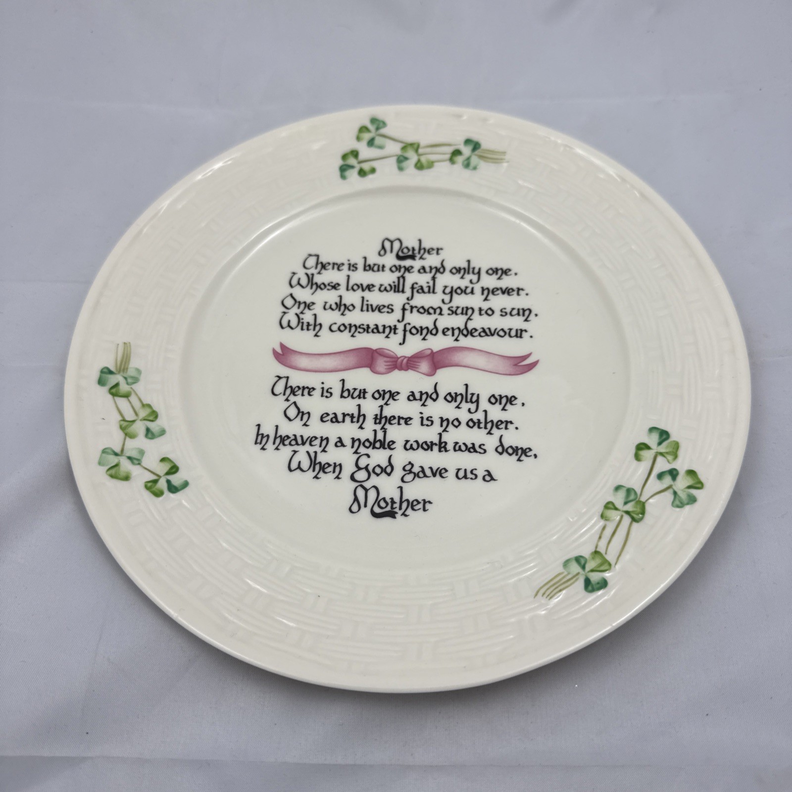 Belleek Shamrock Basket Weave Mothers Blessing Plate Made in Ireland