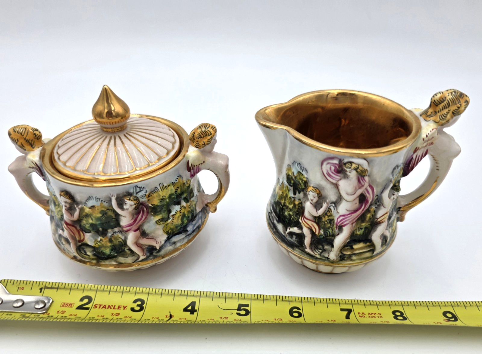 Capodimonte Cherub Sugar Bowl Creamer Set Gold Gilt Italy Porcelain VTG