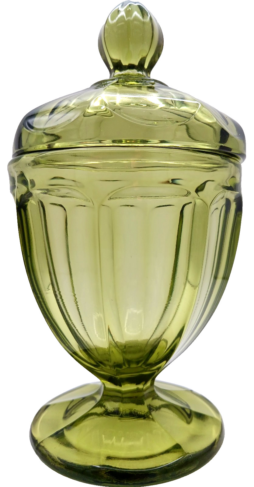L E Smith? 7.8″ Paneled Olive Green Compote Candy Dish & Matching Lid w/Finial