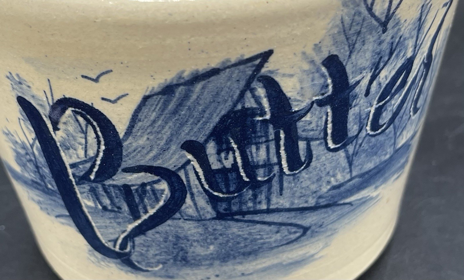 P.R. Storie Pottery Covered Bridge Butter Crock With Lid, Blue Glaze, Art Scene