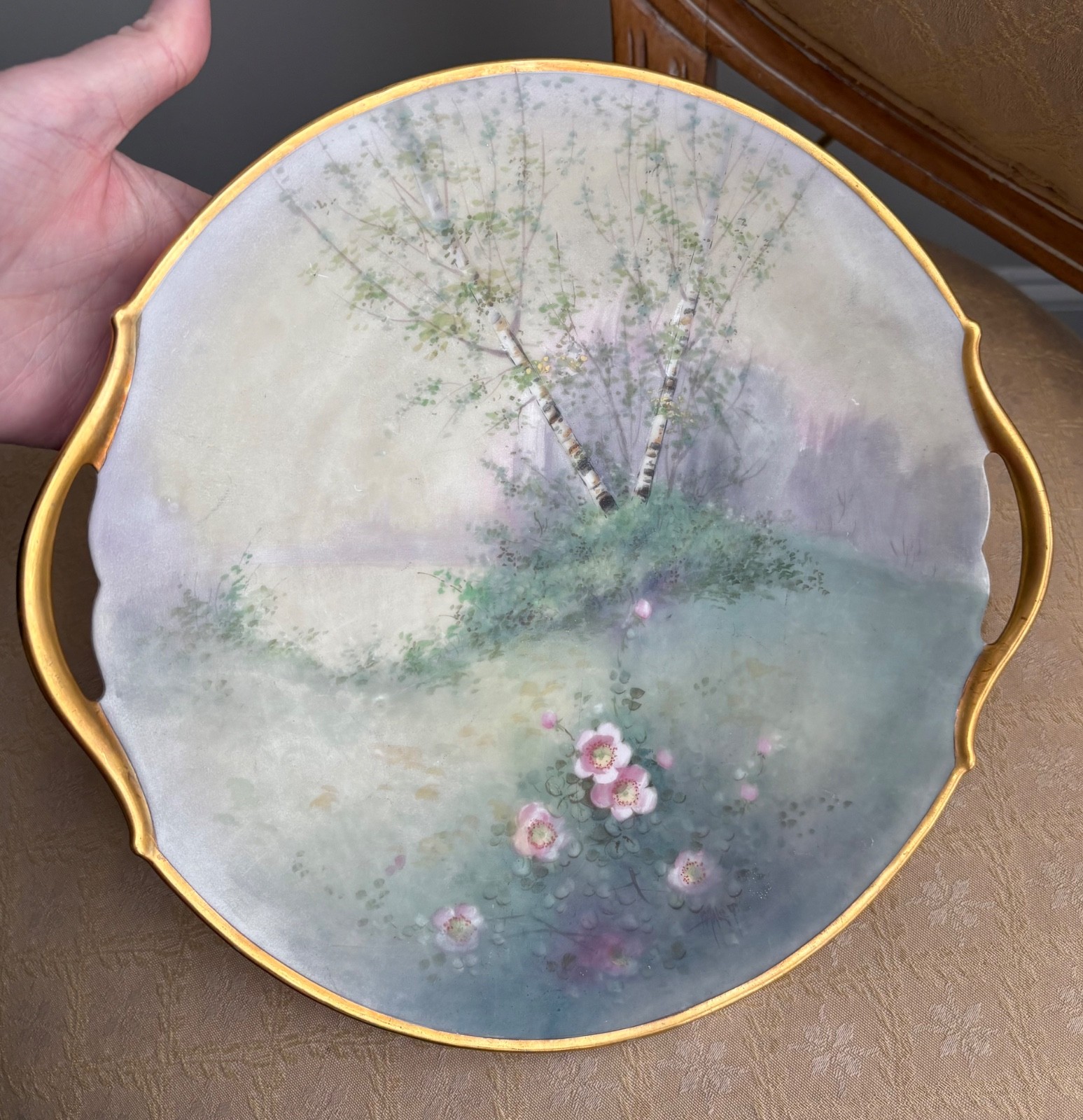 Pickard China Vellum Hand Painted Signed Maley Plate Tree Lake Scene 10.75″ 1901