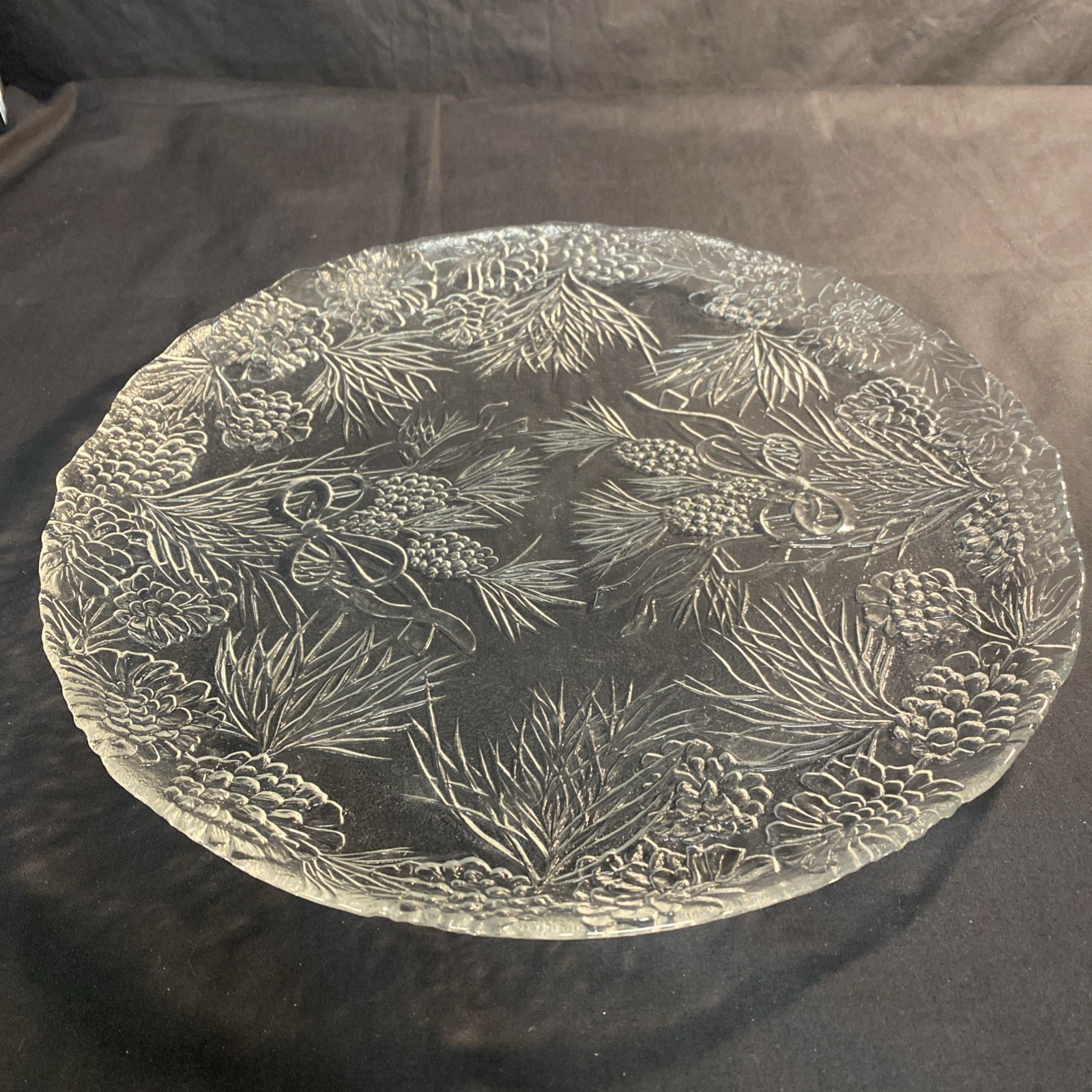13″ Clear Holiday Round Platter Serving Glass Embossed Pinecones & Bows- Vintage