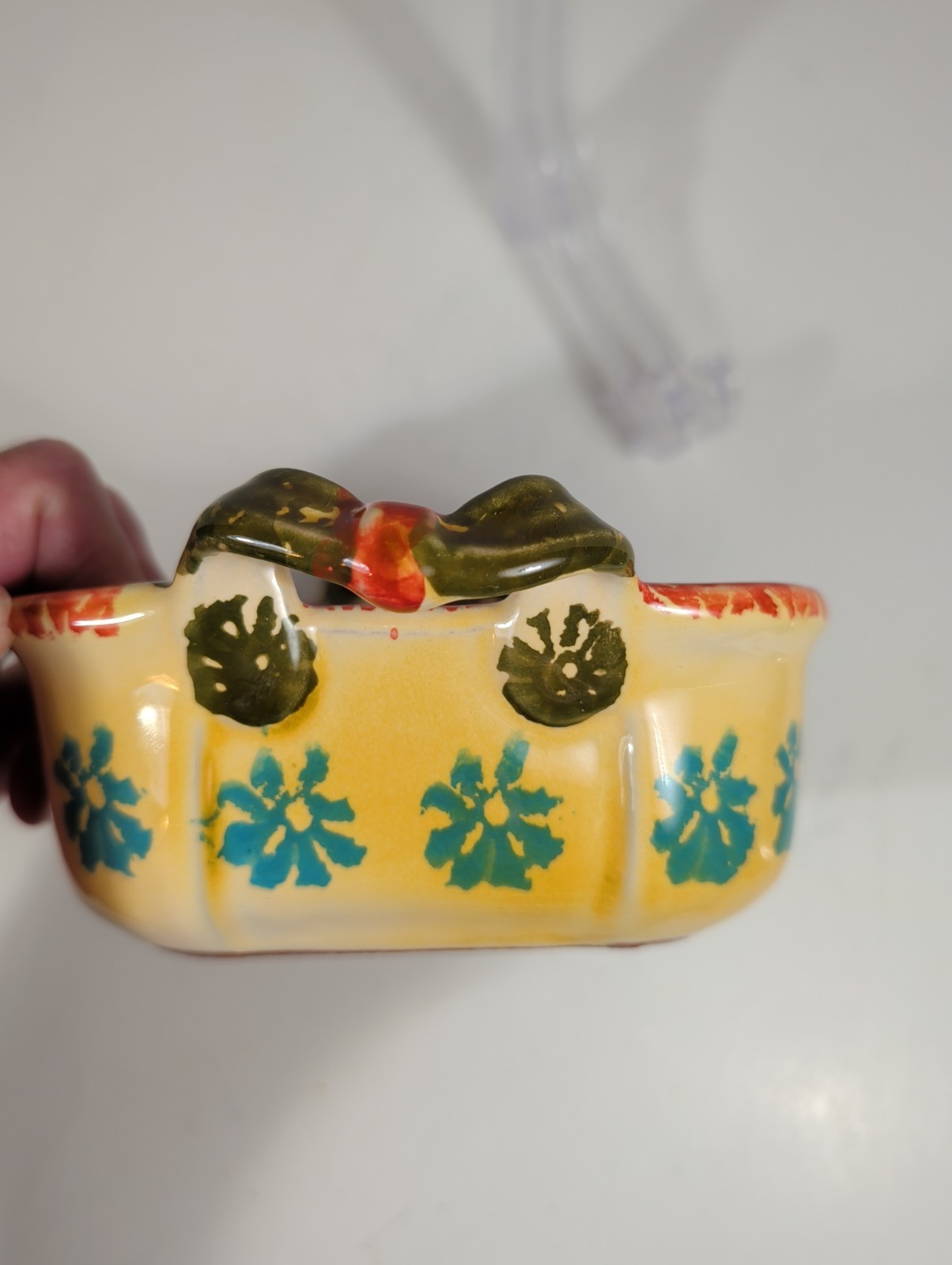Italian Hand-Painted Vegetable Motif Two-Handled Ceramic Bowl Appx 5 In+7in Oven