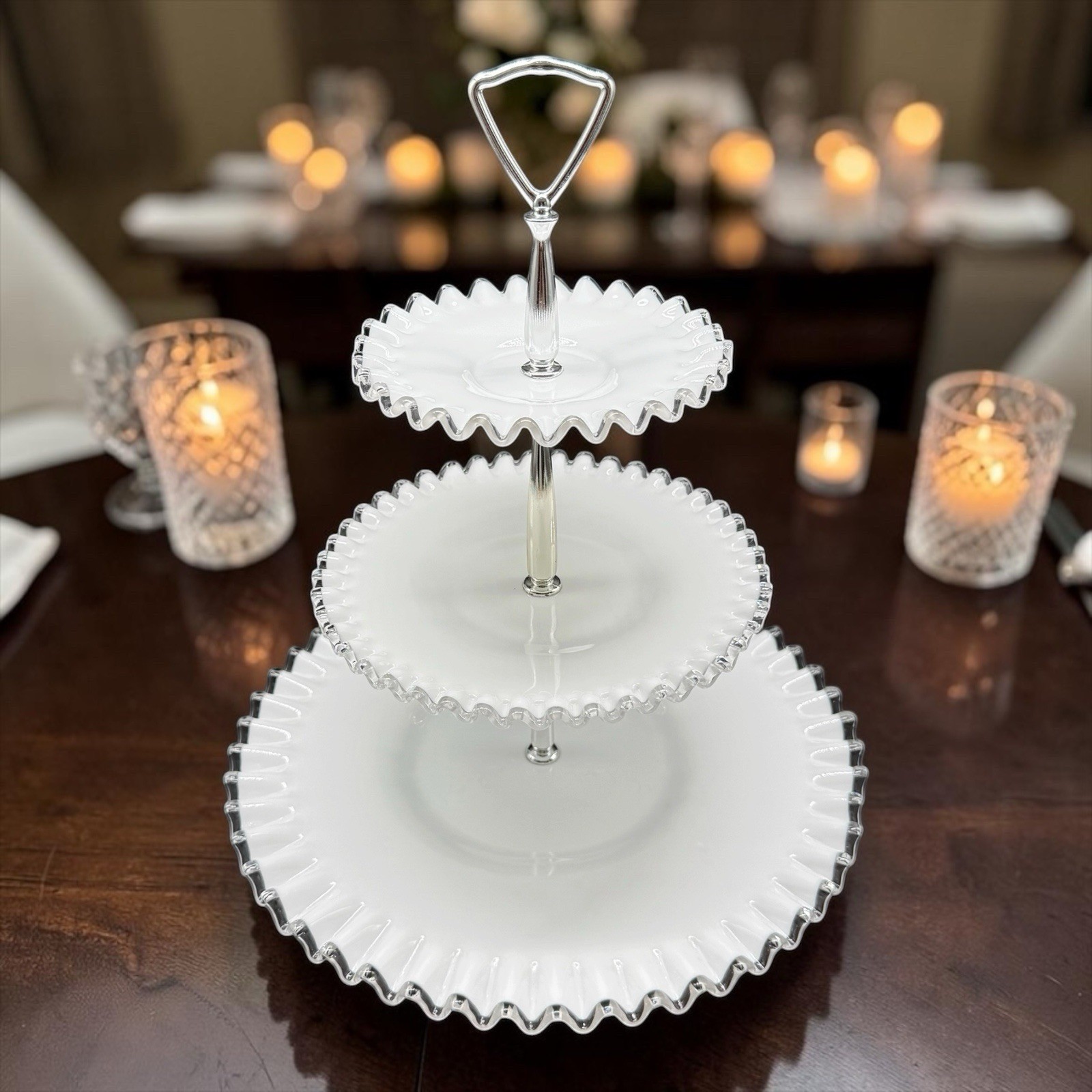 Fenton Silver Crest Three Tier Ruffled Milk Glass Tidbit Serving Tray Party Vtg