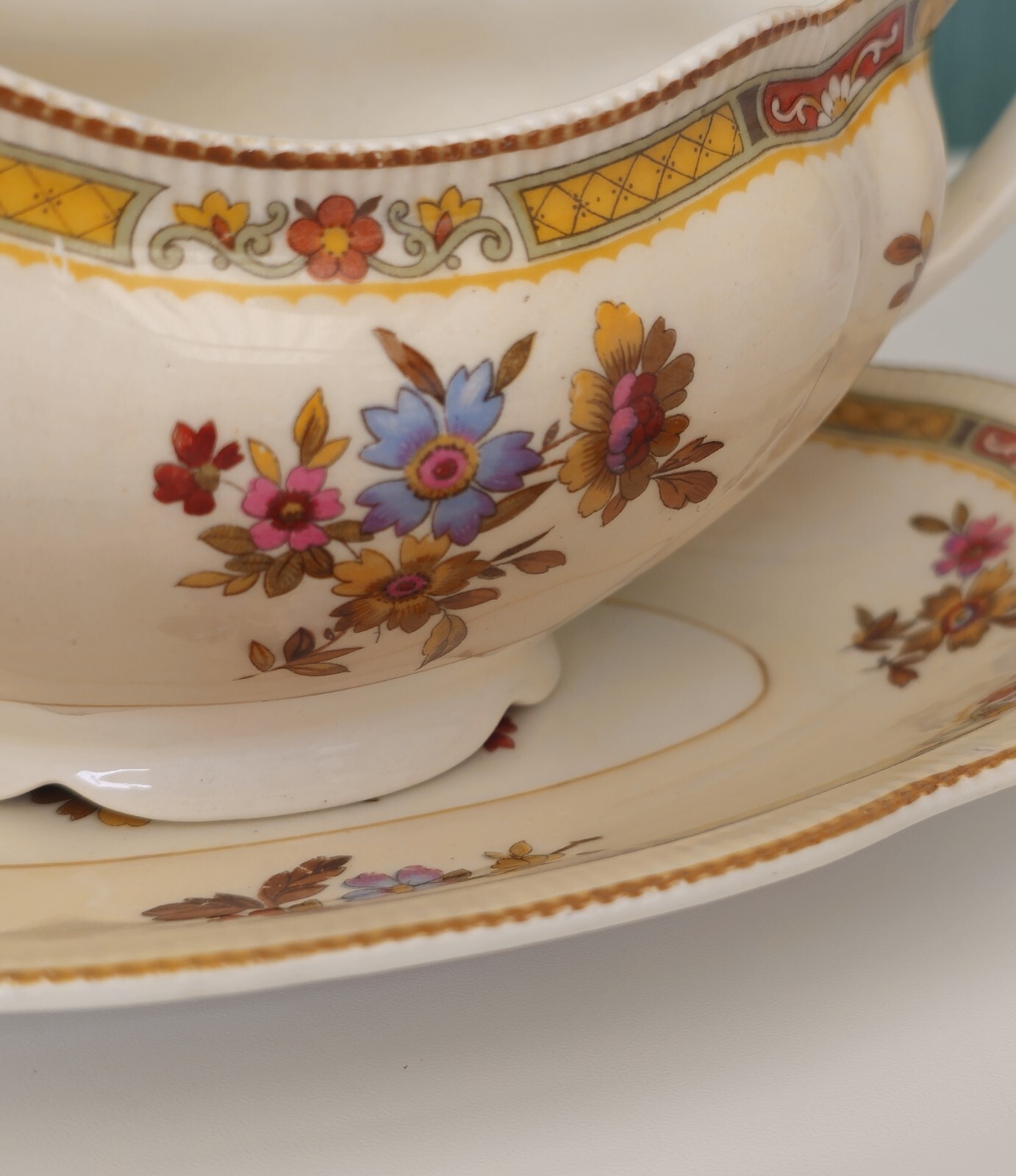Gravy Boat & Plate Old Staffordshire Pareek Rouen By Johnson Bros 1920s Antique