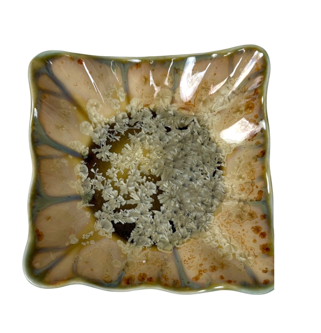 Edgecomb Pottery Square Bowl 6.5in Green Crystalline Glaze Scalloped