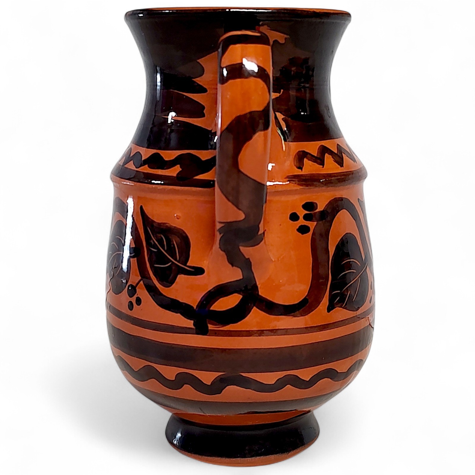 Hand Thrown Terracotta Glazed Pottery Pitcher Orange/Black Hand Painted 6″