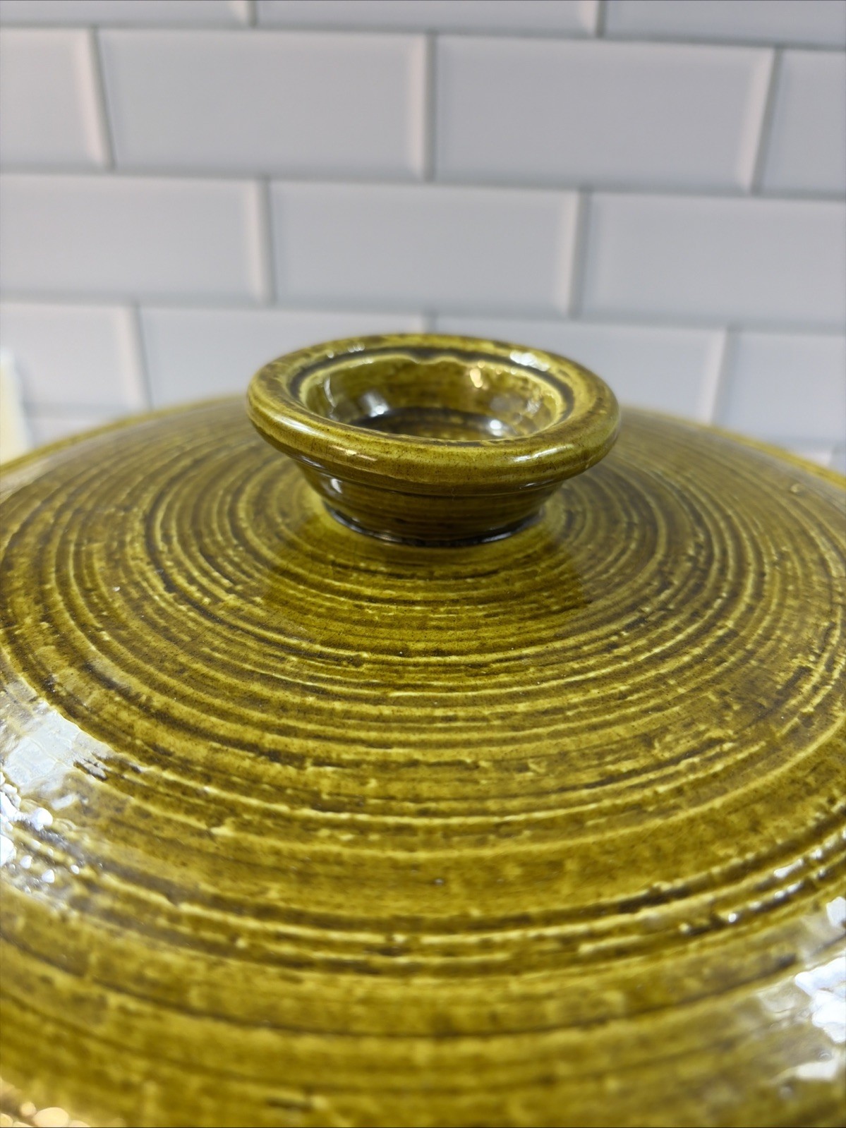 Vintage USA Olive Green Casserole Dish Bowl Lid Pottery Stoneware; MCM Beauty!!