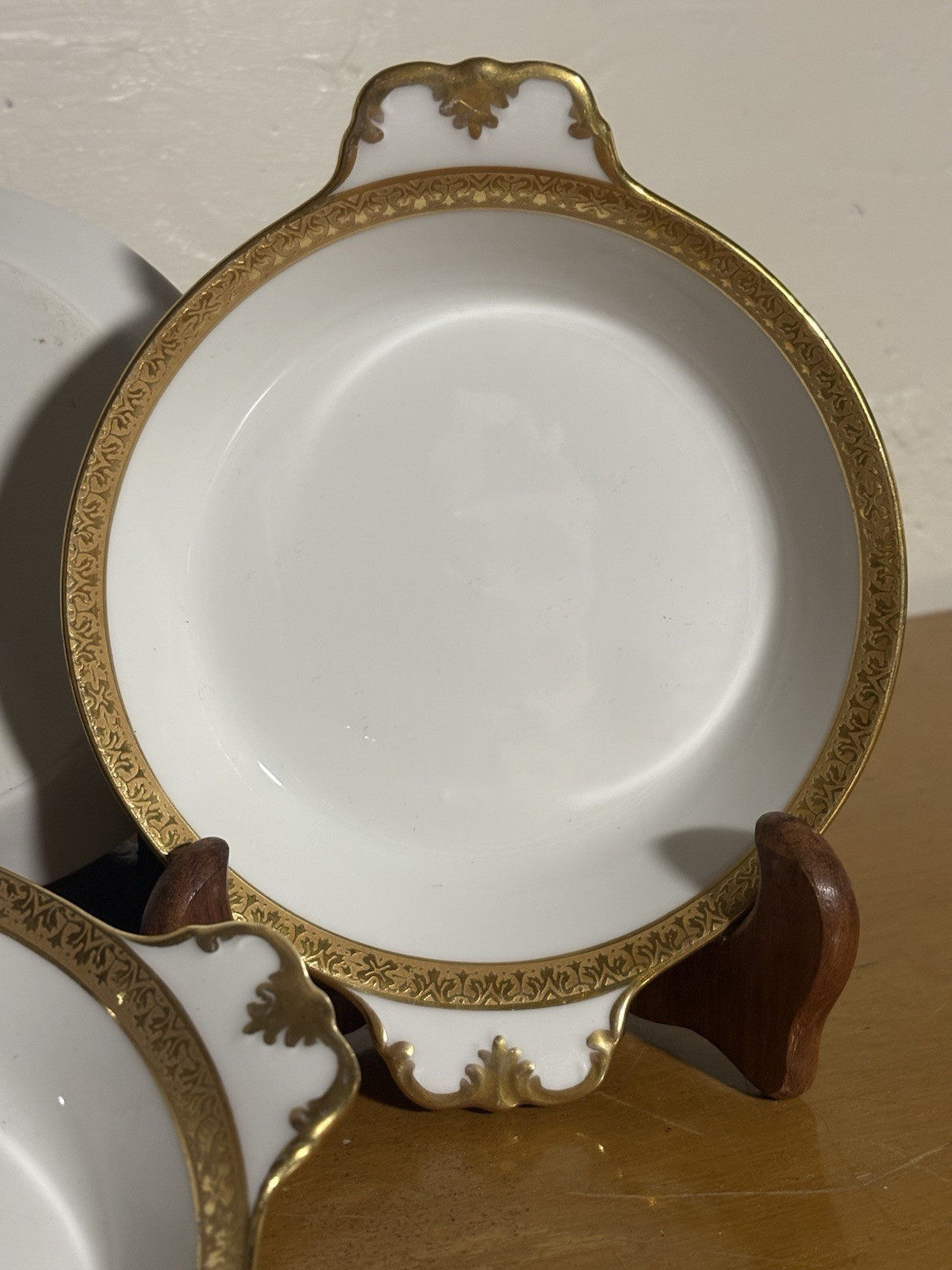 LEWIS & CONGER FRENCH PORCELAIN 5.75″D DUAL HANDLED IVORY GOLD TRIMMED SOUPS