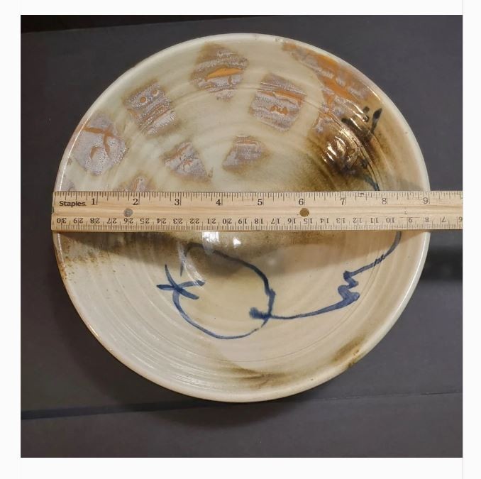 Handmade Studio Crafted Ceramic Bowl Blue Beige Abstract Round 9 in diameter