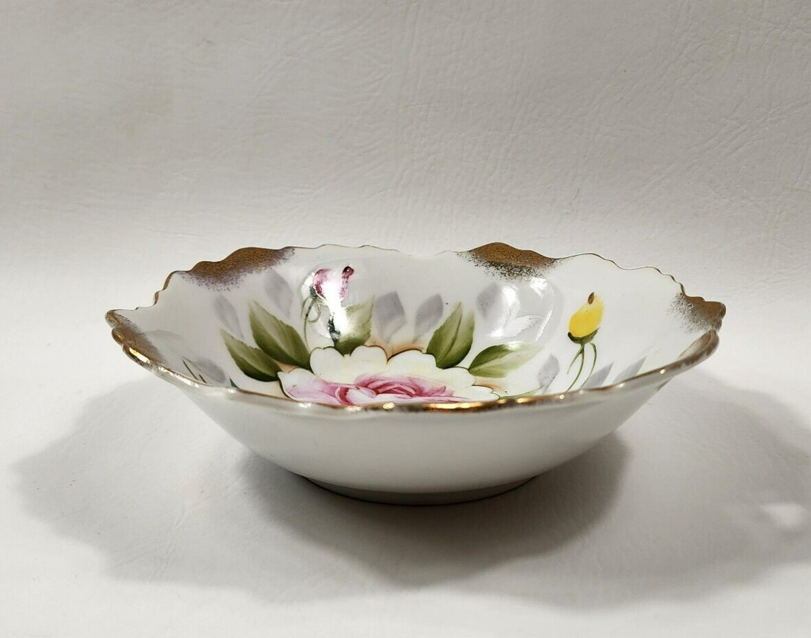 Vintage Lipper And Mann Japan Pink Rose Floral Gold Foiled Trinket Bowl 7″