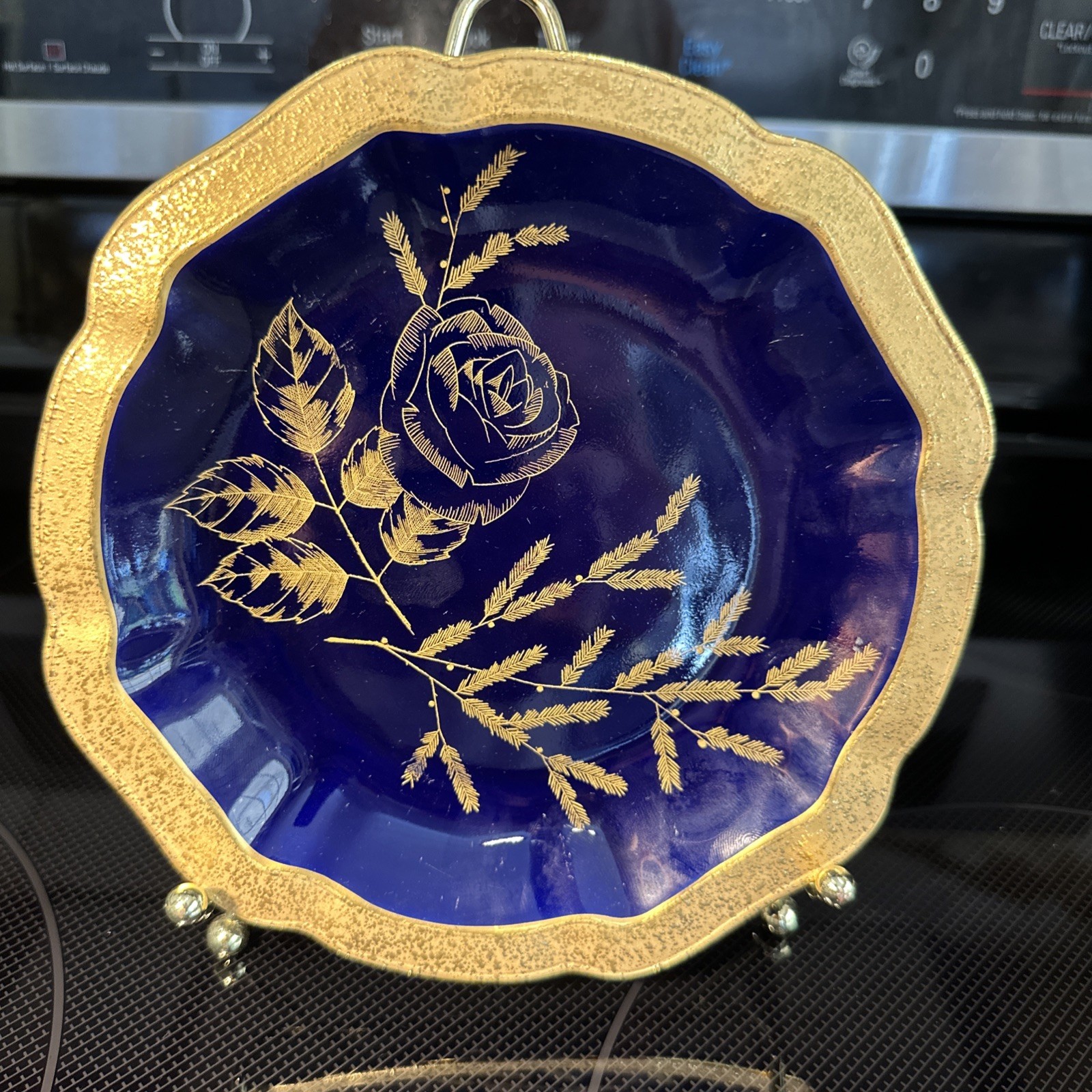 Jlmenau Reichenbach Echt Kobalt Blue GOLD TRIM Rose Plate Dish 7.5” Germany