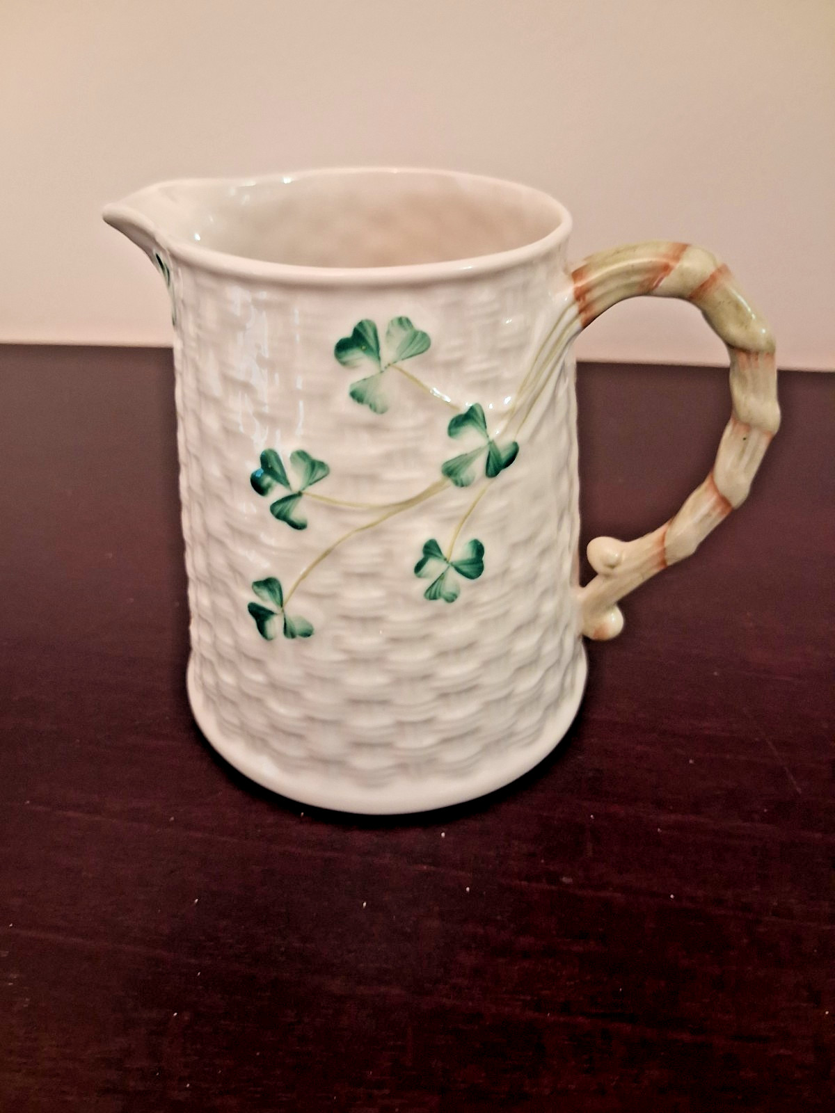Belleek Ireland Basket Weave Shamrock Creamer