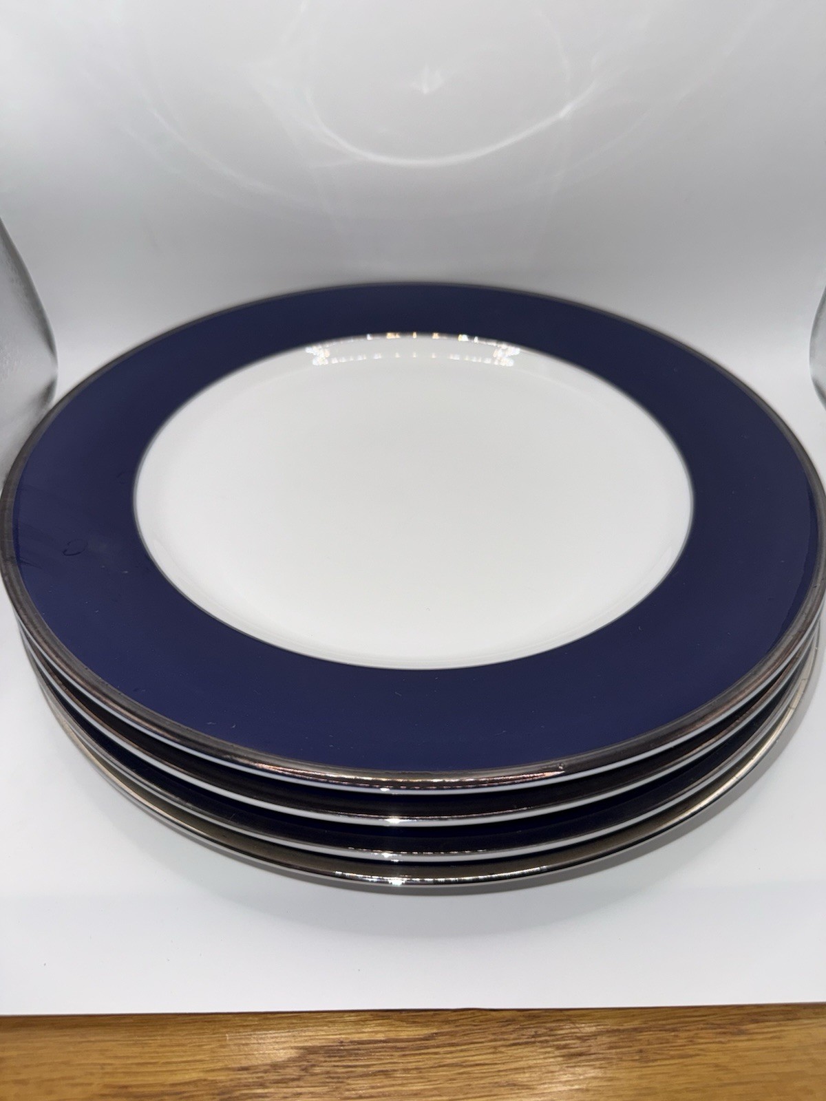 💙🩵 Crate & Barrel Platinum Cobalt Blue Dinner Plates Lot 3 Navy Silver White