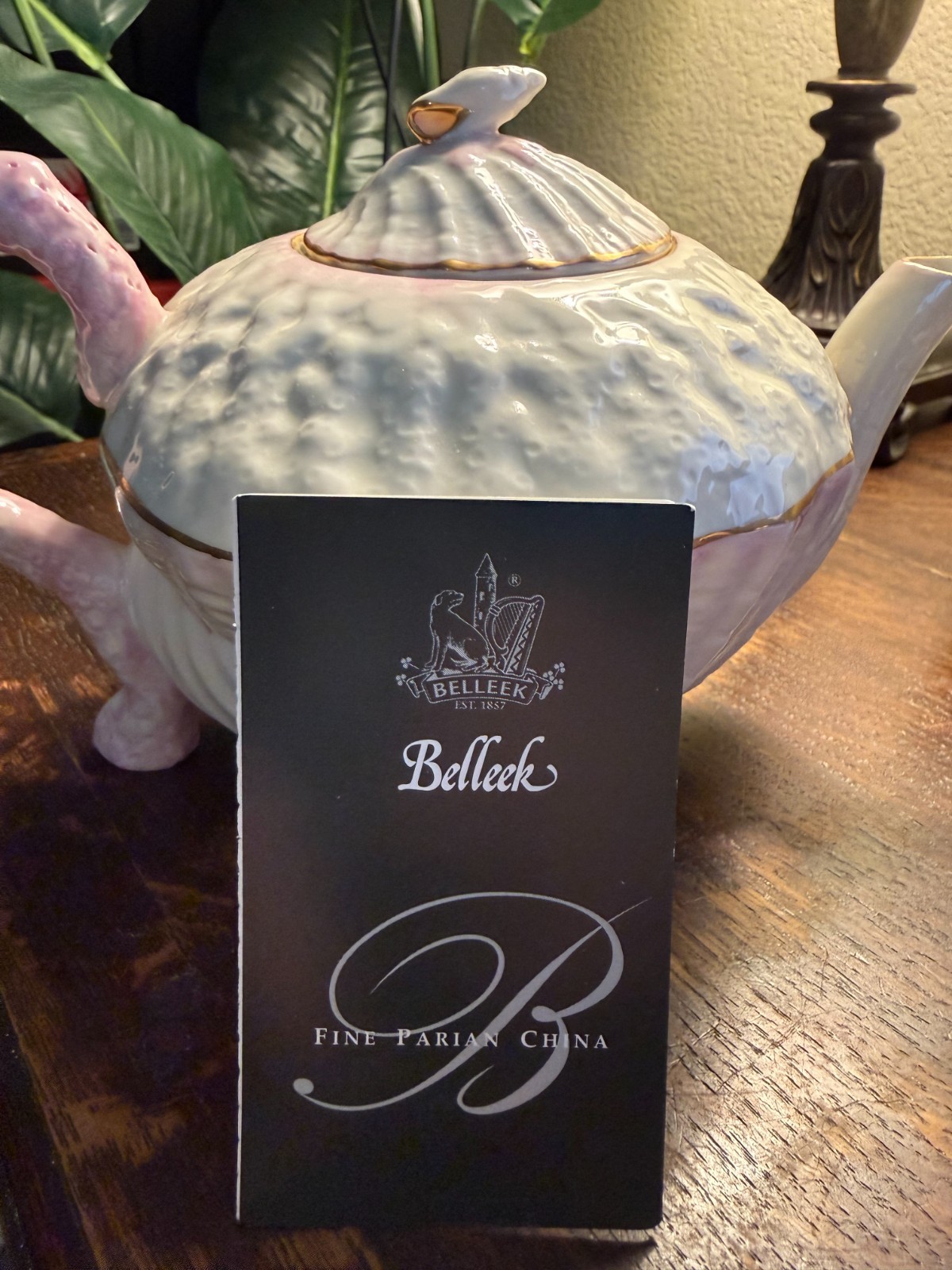 BELLEEK PINK NEPTUNE SEA SHELLS TEAPOT, SUGAR BOWL, CREAMER MINT CONDITION