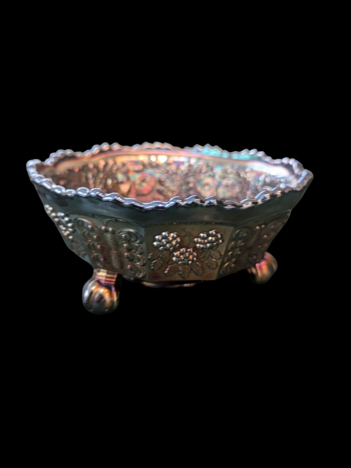 Fenton Marigold Carnival Butterfly & Berry Footed Bowl 5″ Diameter 2.5″ Tall