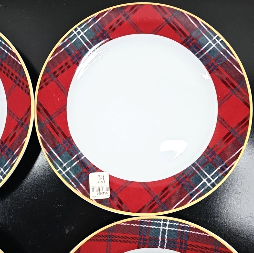 4) Williams Sonoma Gold Banded Tartan Dinner Plates Set Plaid Serving Dishes Lot