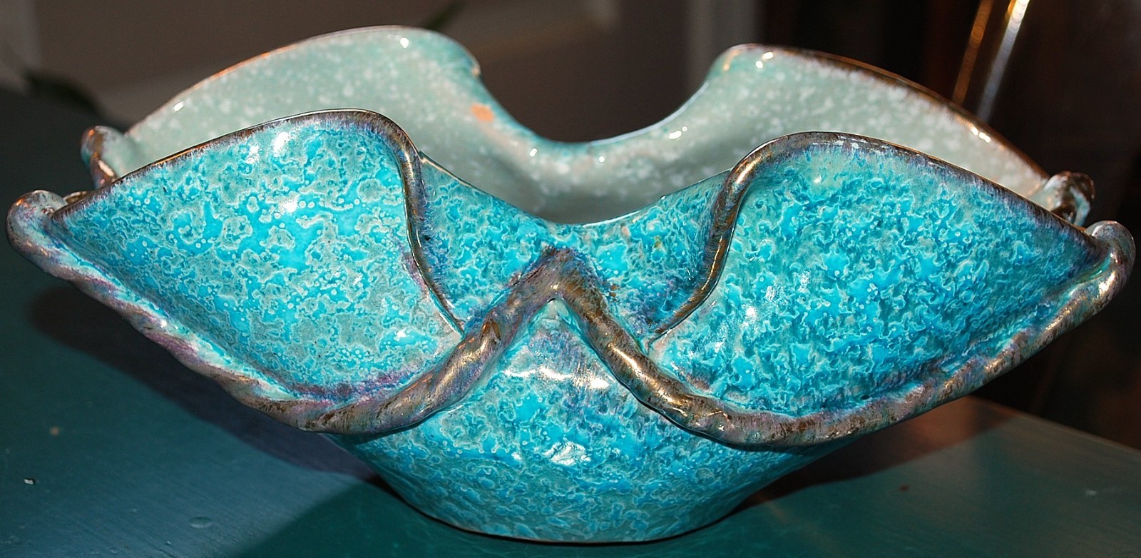 Vtg ITALY Handmade PINCHED STUDIO ART POTTERY Bowl BLUE DRIP GLAZE MCM Numbered
