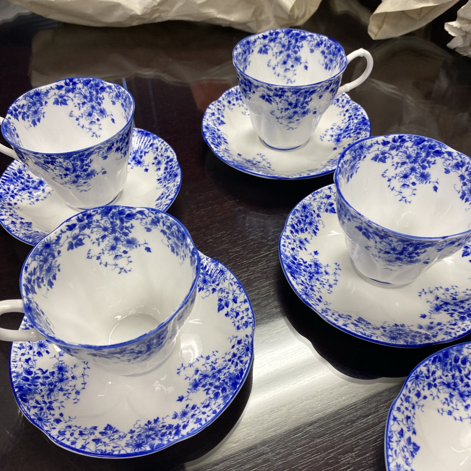 Lot of Royal Albert Dainty Blue 5 cup and saucer sets / 1 creamer / 1 pitcher