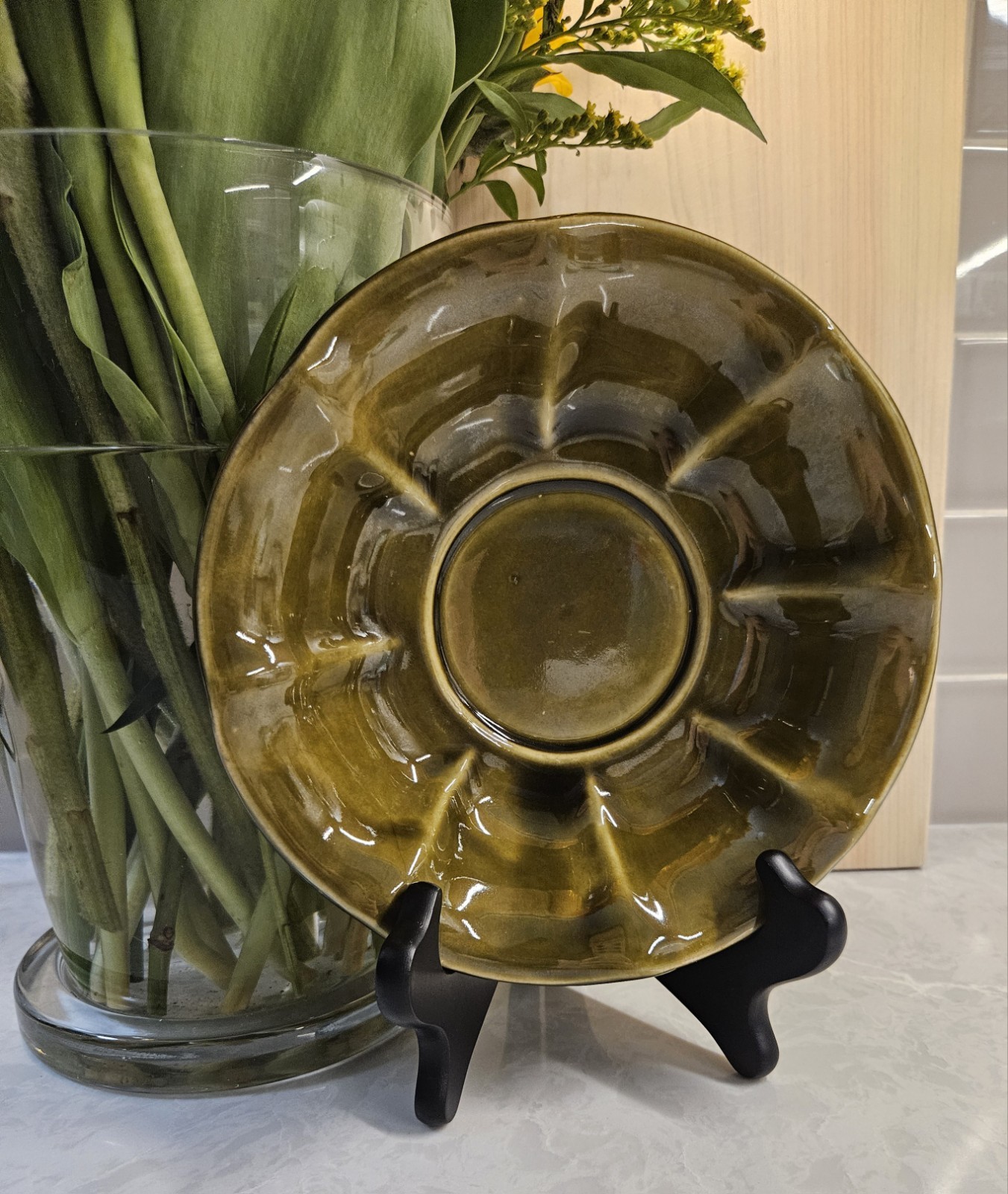 Vintage McCoy Olive Green Onyx Drip Petal Rim Console Bowl 8” USA Mid Century