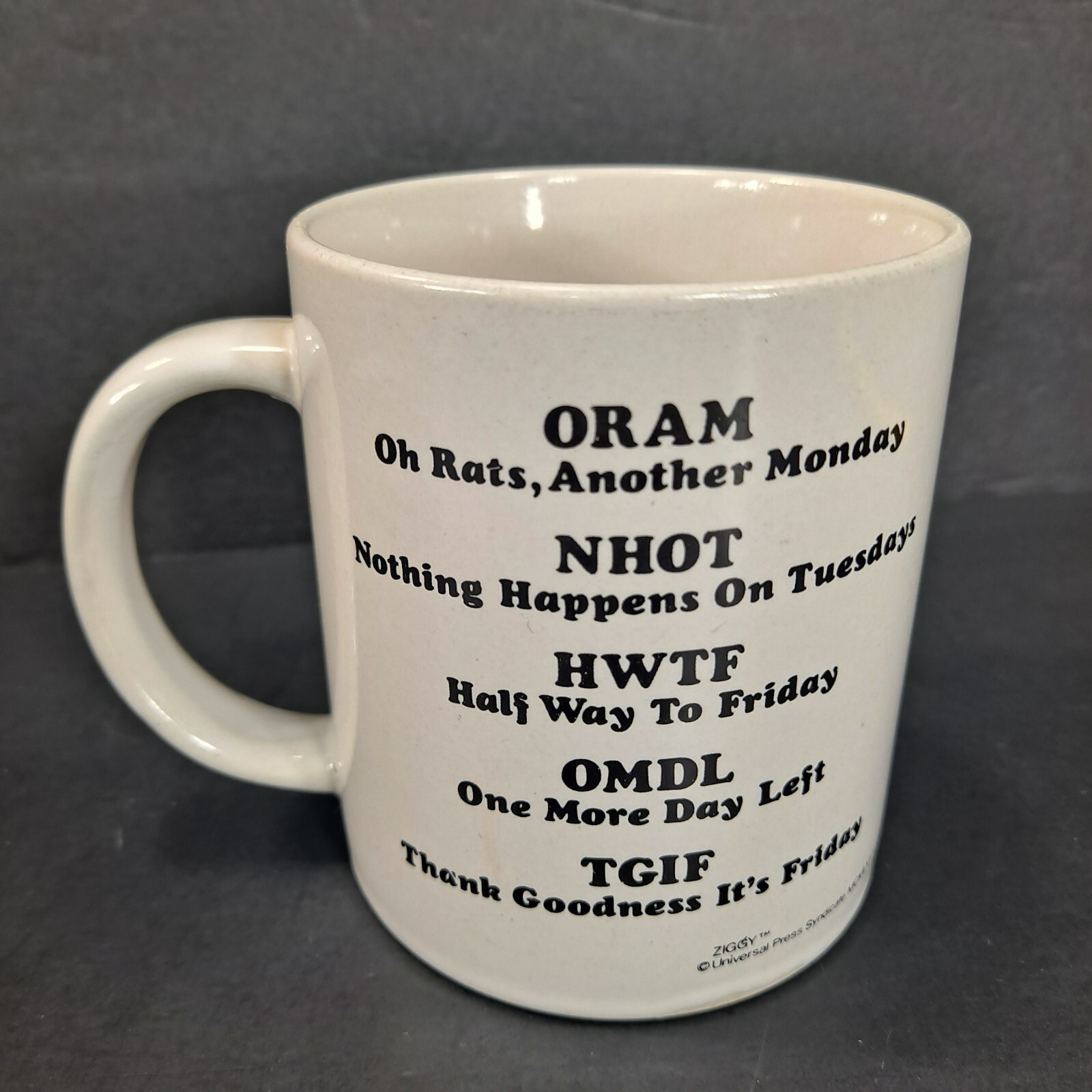 1980 Tom Wilson Ziggy Mug TGIF Thank Goodness It’s Full Coffee Cup Mug Comic VTG