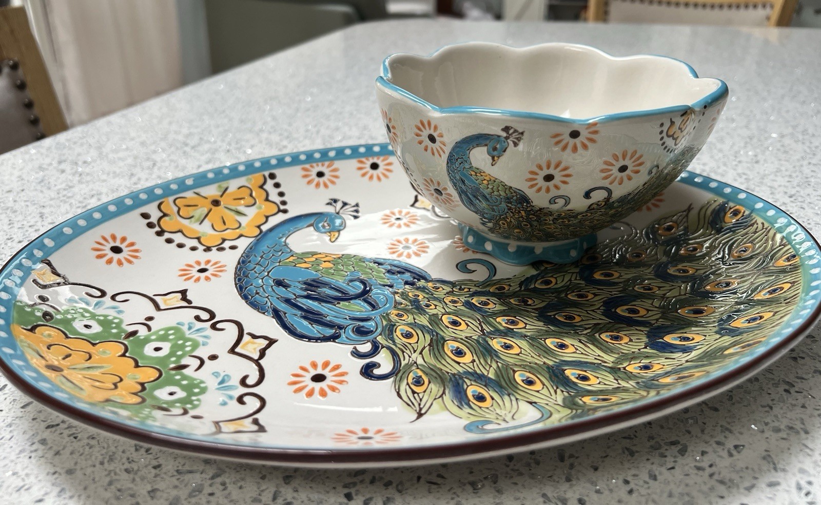 Artistic Accents Peacock Ceramic Oval Platter w/ Scalloped Bowl