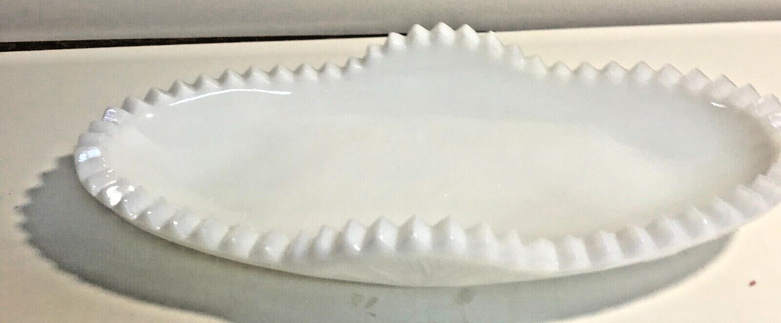 Vintage Milk Glass Sawtooth Edge Relish Tray stamp in middle is pres. cut.