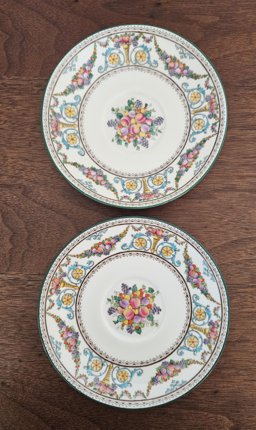 TWO Wedgwood Ventnor Saucers W996 Ivory Background, Fruit Swags 9″