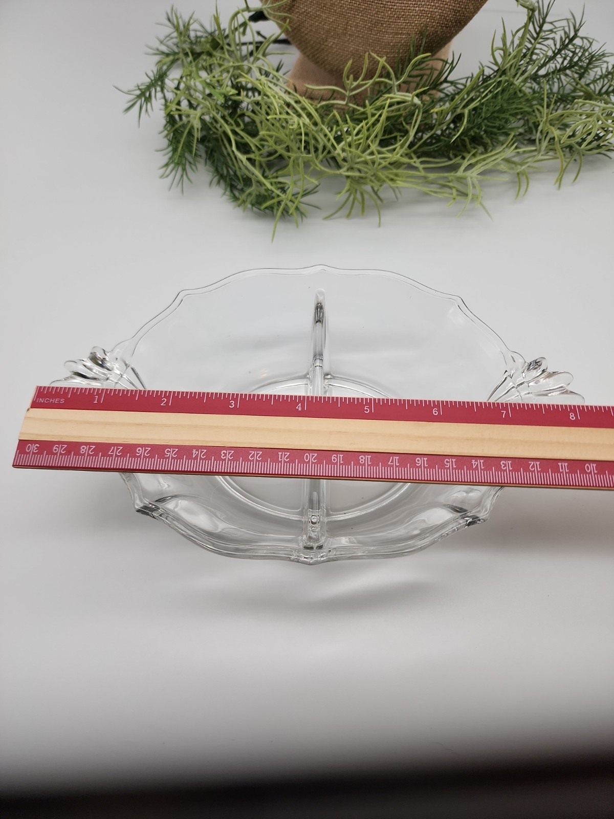 Vintage Clear Glass Divided Relish Dish Fan Handles Mid-Century Serving Bowl