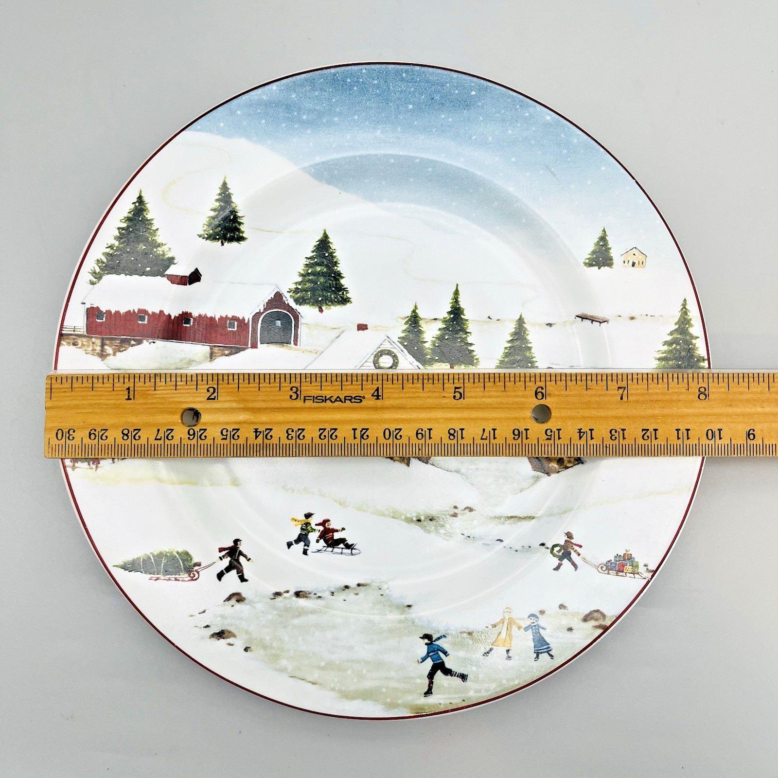 Christmas Valley Ice Skating Snowy Covered Bridge 8-1/4″ Plate Sakura Stoneware