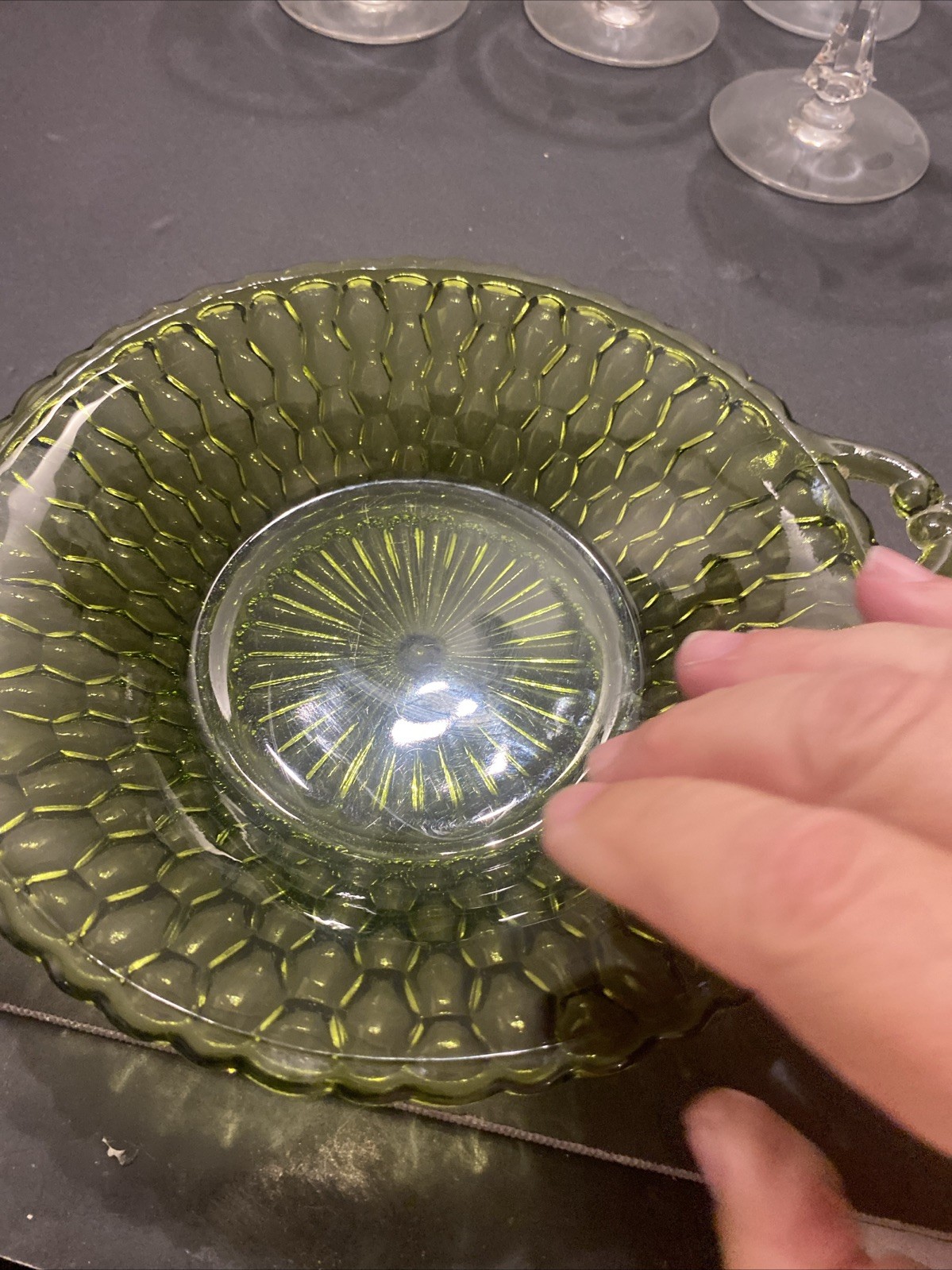 Trinket Candy Bowl Dish Plate Vtg Indiana Depression Glass Green Decor MB