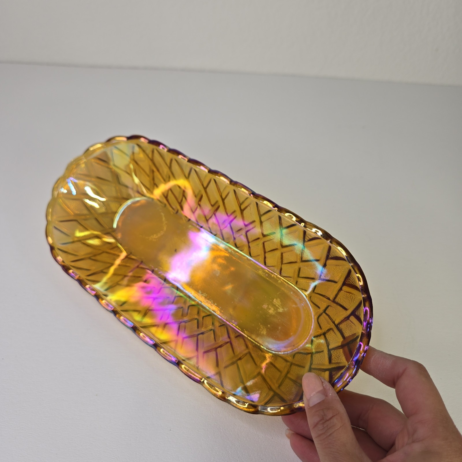 Vintage INDIANA Glass Amber Marigold Oblong Basket Weave Pattern Relish Dish