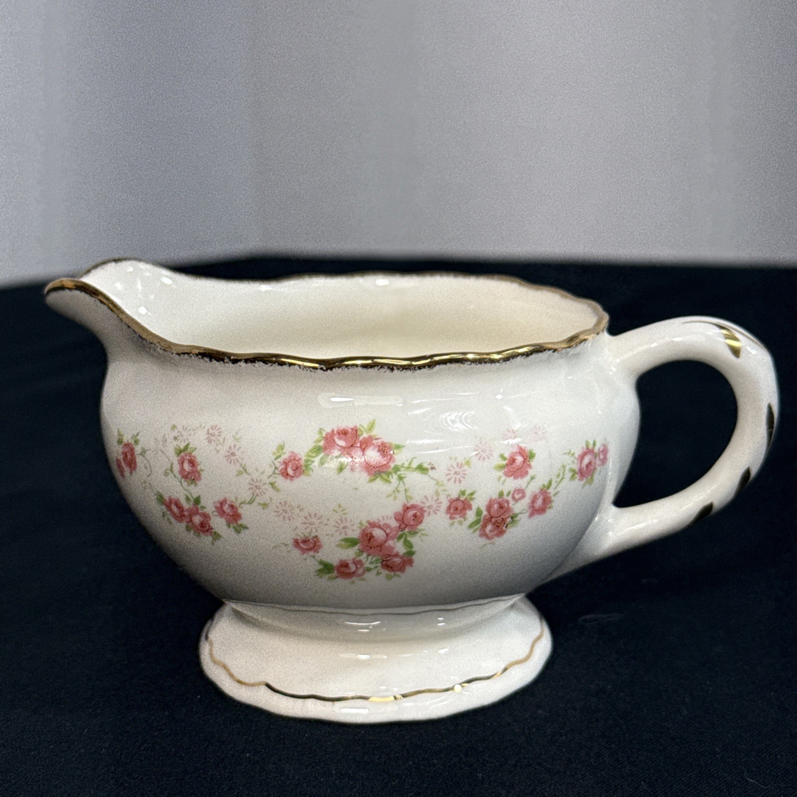 Pope Gosser FLORENCE Creamer & Sugar Pink Rose Garland Scalloped Gold Edge 1944