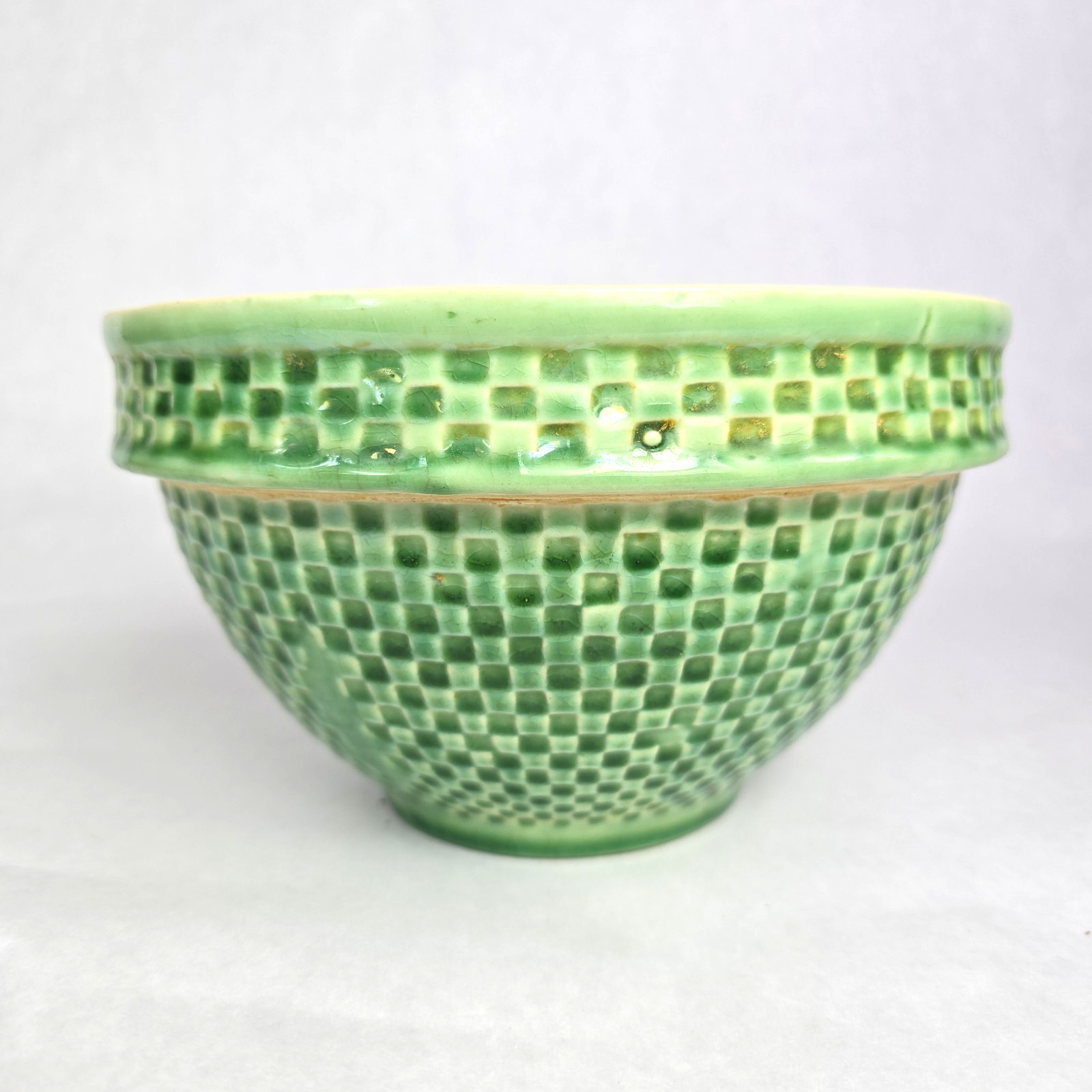 Antique McCoy Yellow Ware Pottery Green Checkerboard Mixing Bowl Med 7.75″