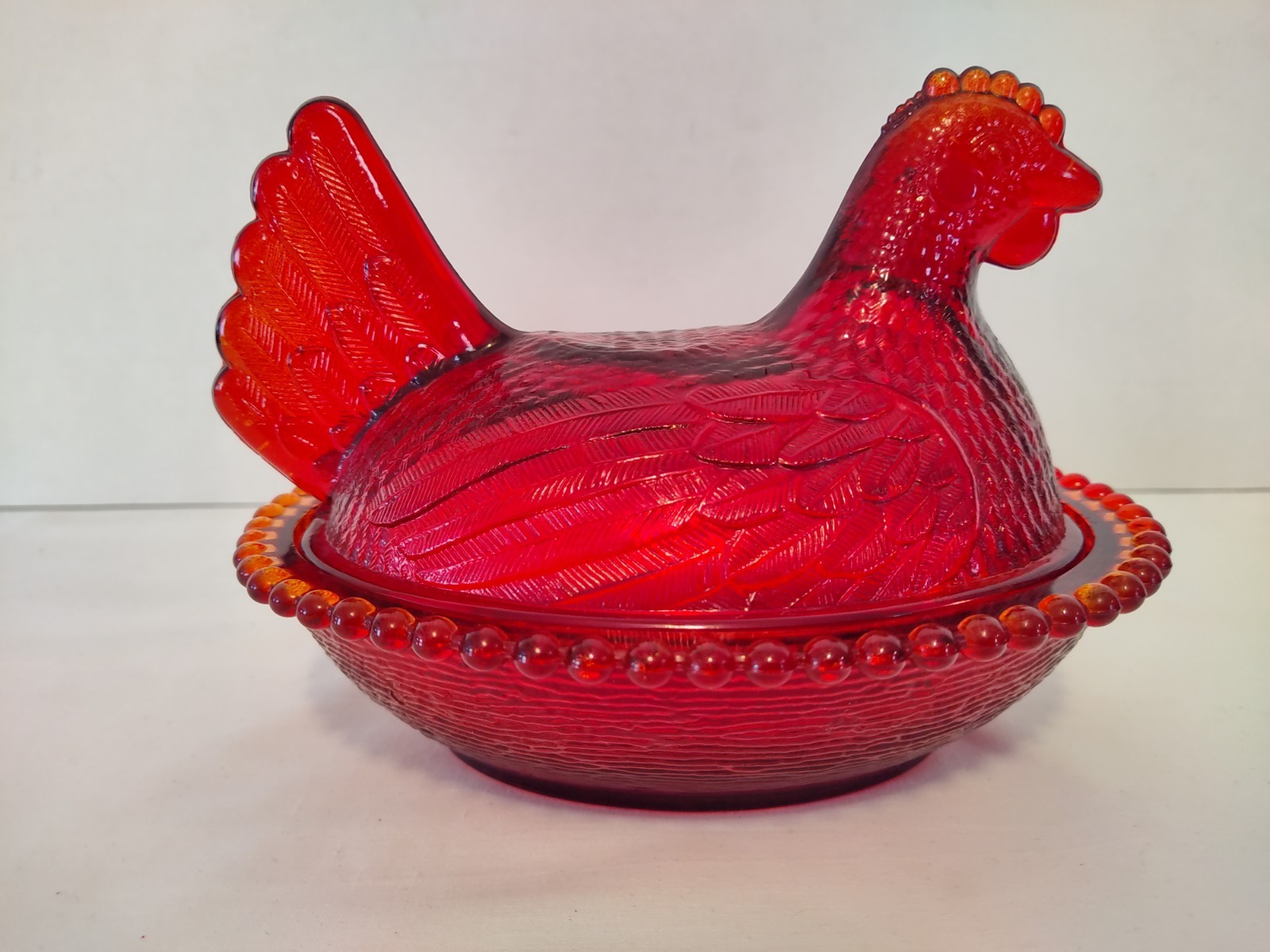 Vtg Red Flashed HEN ON NEST Indiana Glass 7” Candy Dish