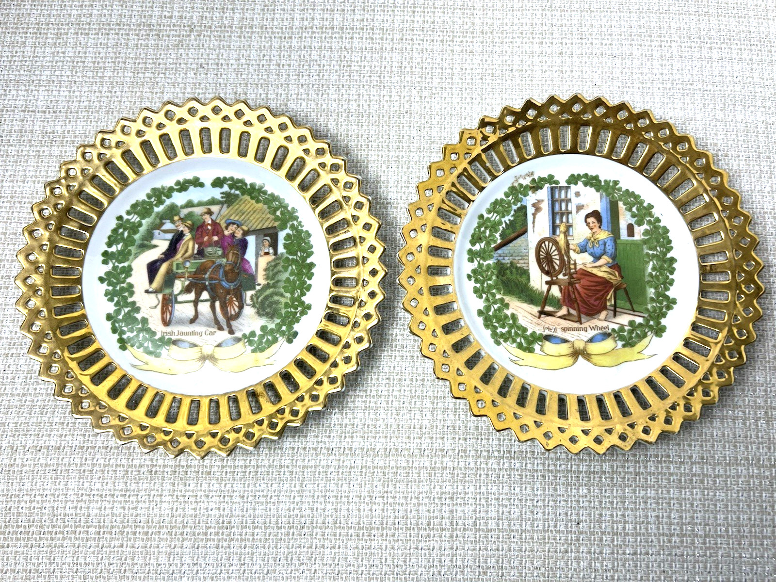 Vintage Lot 2 SET Schumann Bavaria Reticulated Gold Irish Home Decor Plates 8″