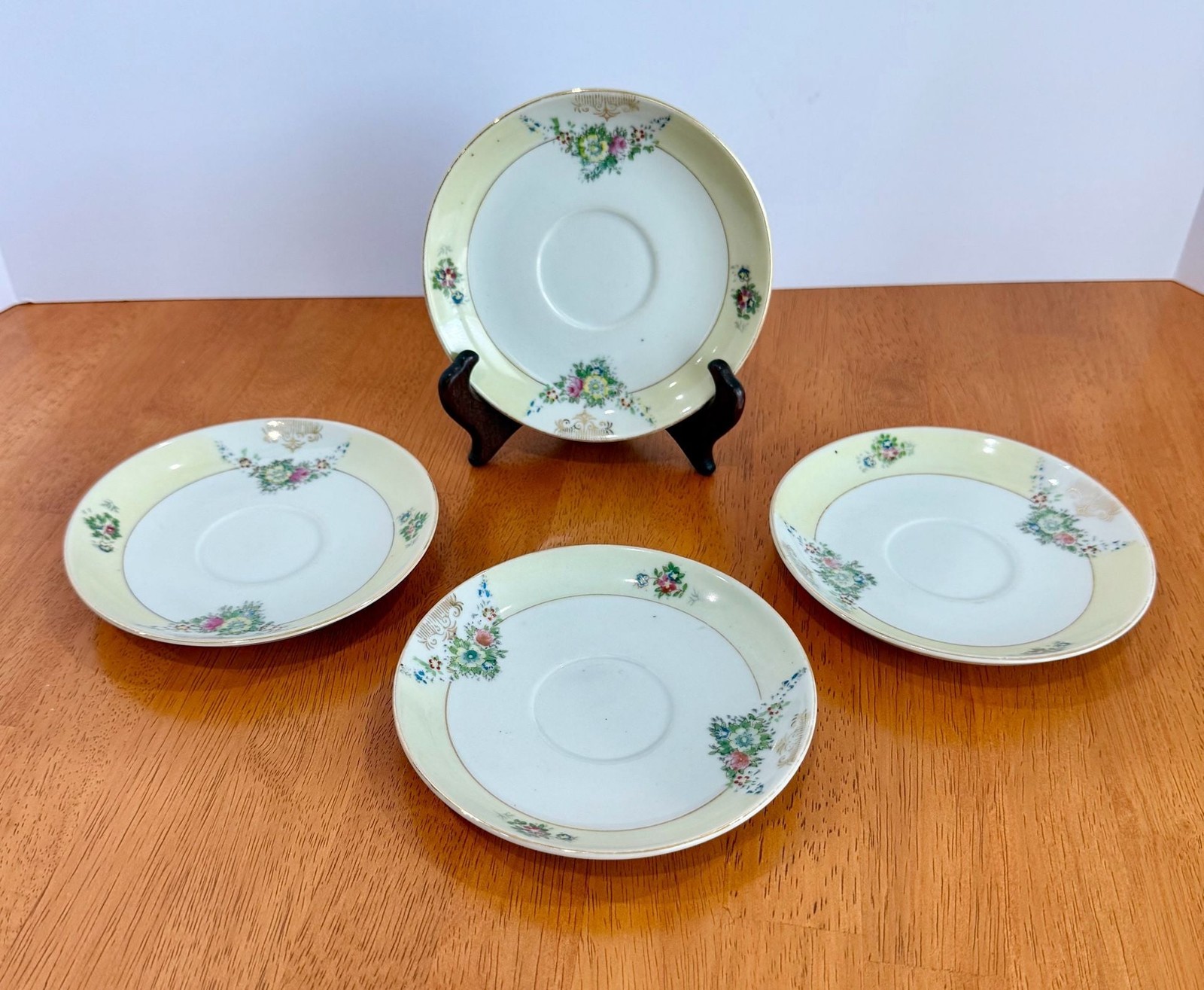 Set of 4 Vintage Hand Painted Floral Porcelain Saucers Made in Occupied Japan