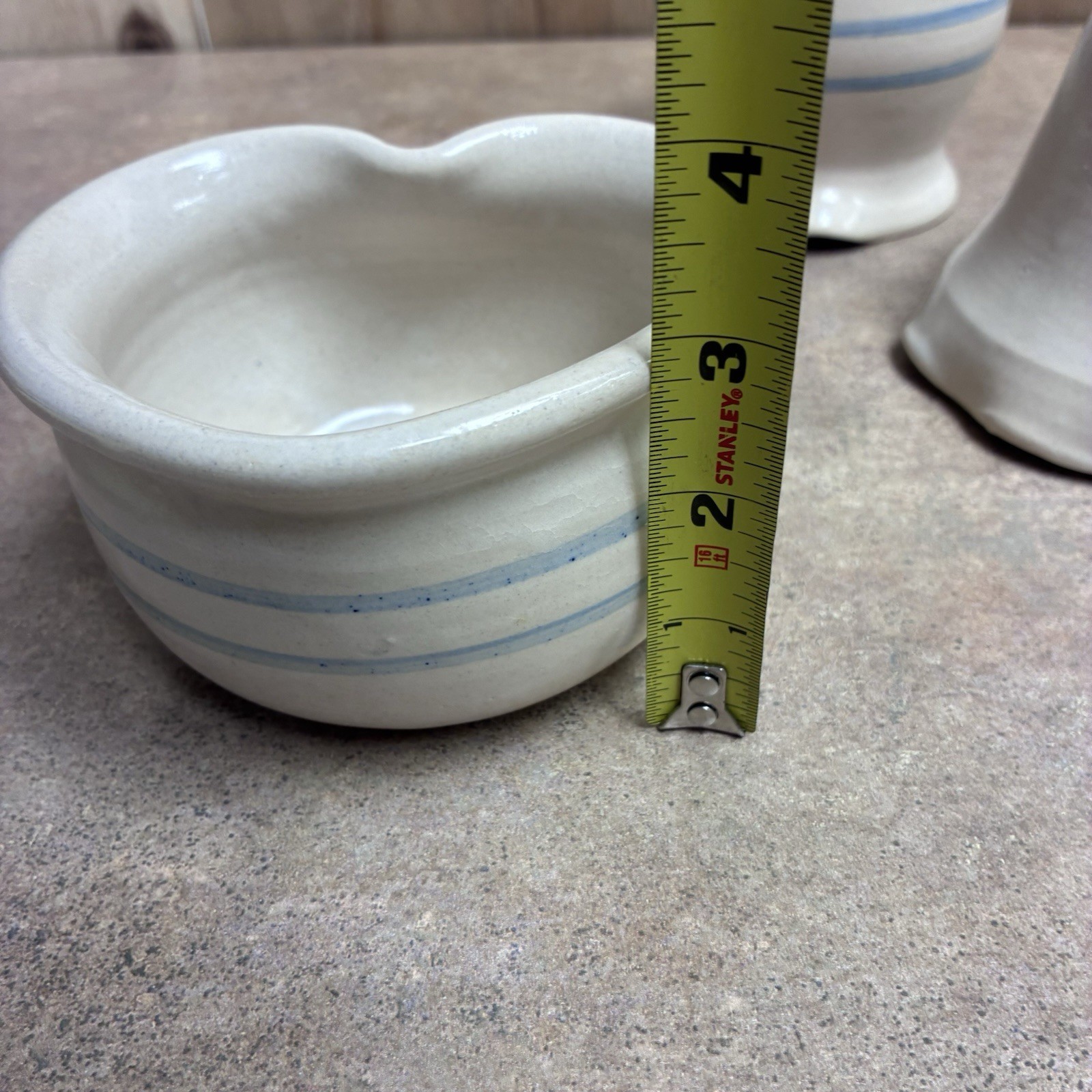 3 Pc Amy Tibbit Studio Art Pottery White Blue Rim Heart & Ripple Bowls & Pitcher