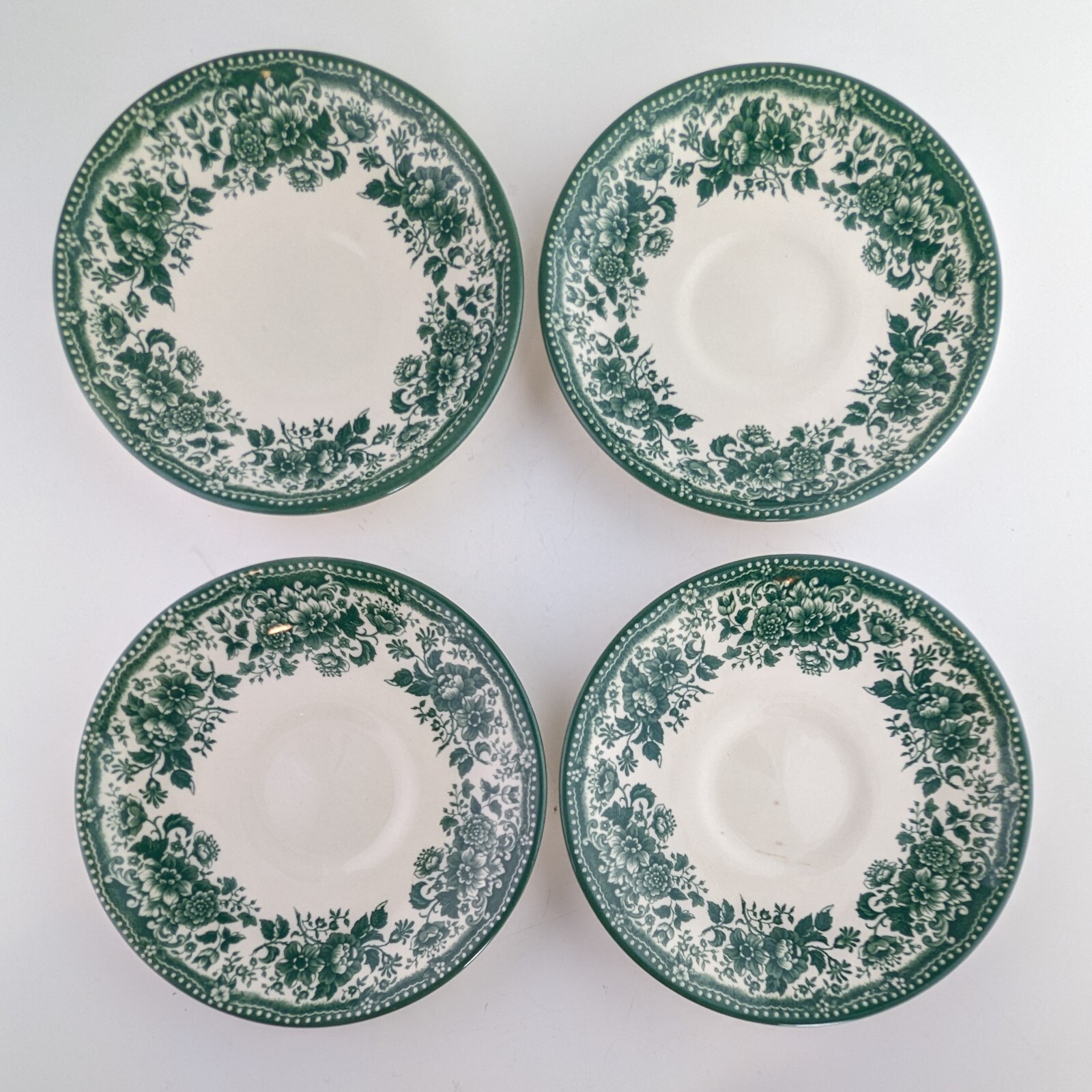 4 Claytan Ivory & Green Floral Saucer Plates, Flowers Malaysia 5.75″ Vintage