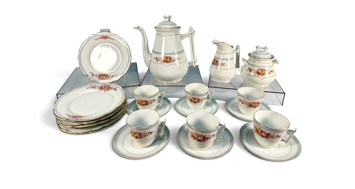 Antique KPM Waldenburg German Porcelain Coffee Tea Set 25pc Branch Handle Rose