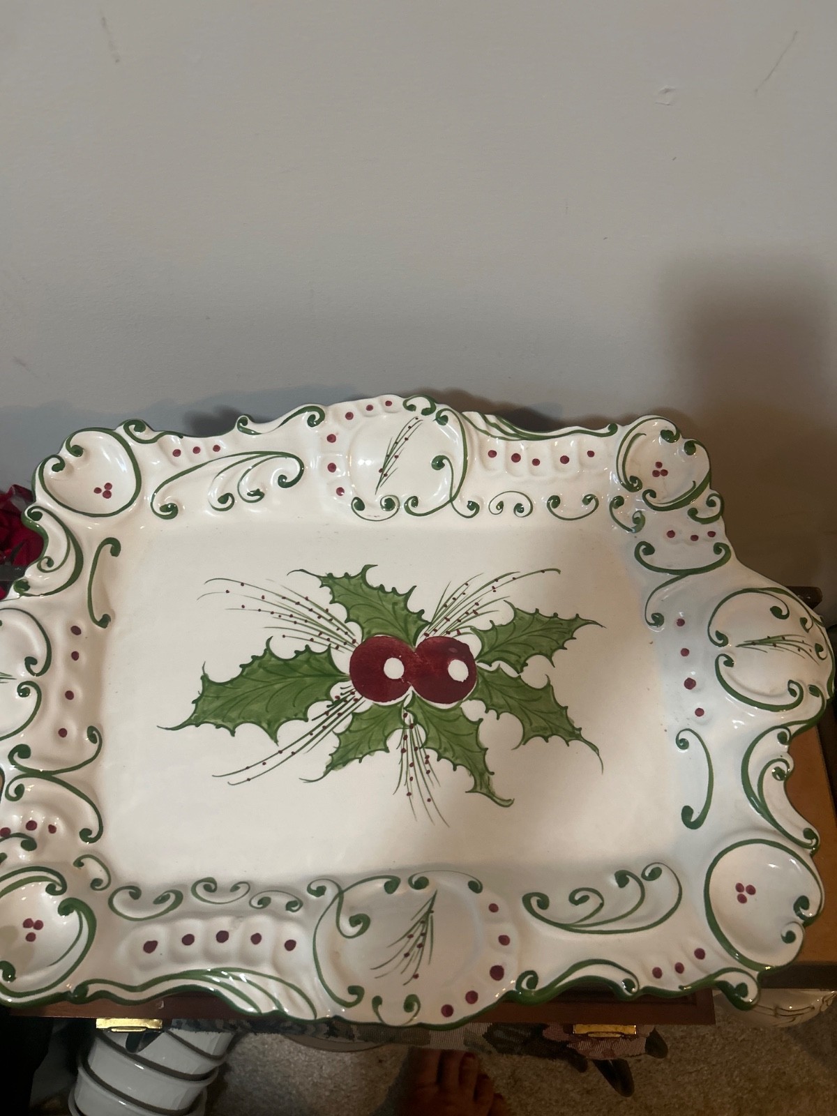 hand-painted rectangular ceramic platter manufactured by RCCL Portugal.christmas